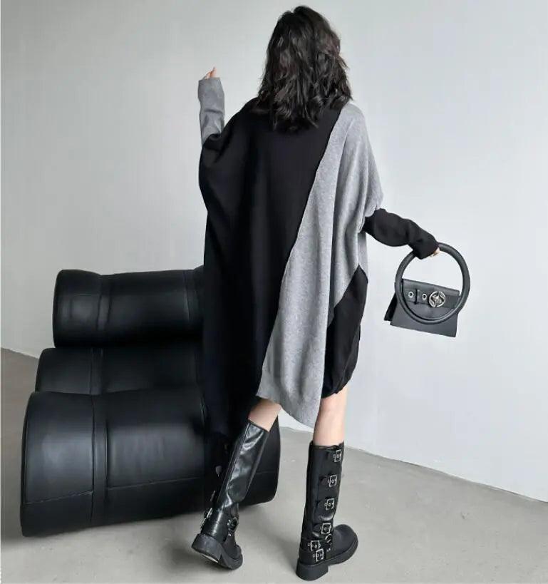 Stylish Winter Sweater Dress with Long Bat Sleeves & Color Block Design | Warm Knit Dress for Women | Perfect for Holiday Parties, Office Wear & Casual Outings