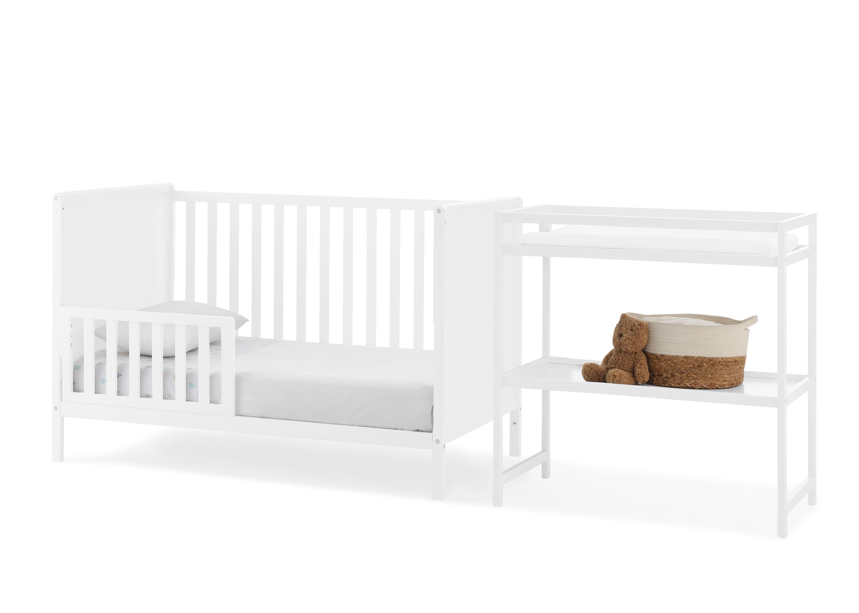 Ruby 6-in-1 Convertible Baby Crib & Changing Table Nursery Set - White Wooden Toddler Bed with 3 Height Adjustments & Drawer Storage for Newborn to Kids Room Decor