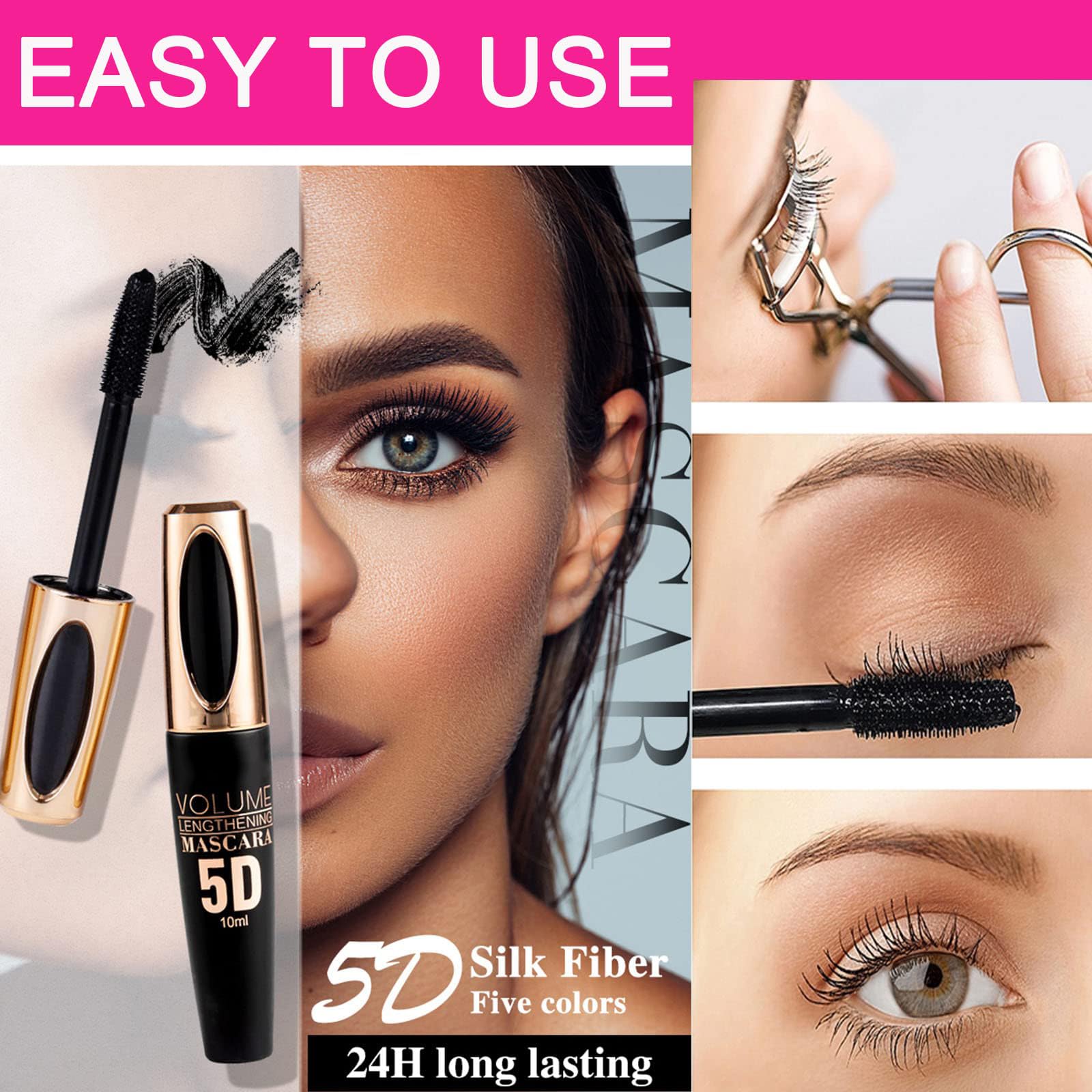 5D Waterproof Brown Mascara - Smudge Proof Volumizing & Lengthening Silk Fiber Lash Mascara for Thicker Eyelashes | Long Lasting, Curling Makeup for Party, Stage & Everyday Wear