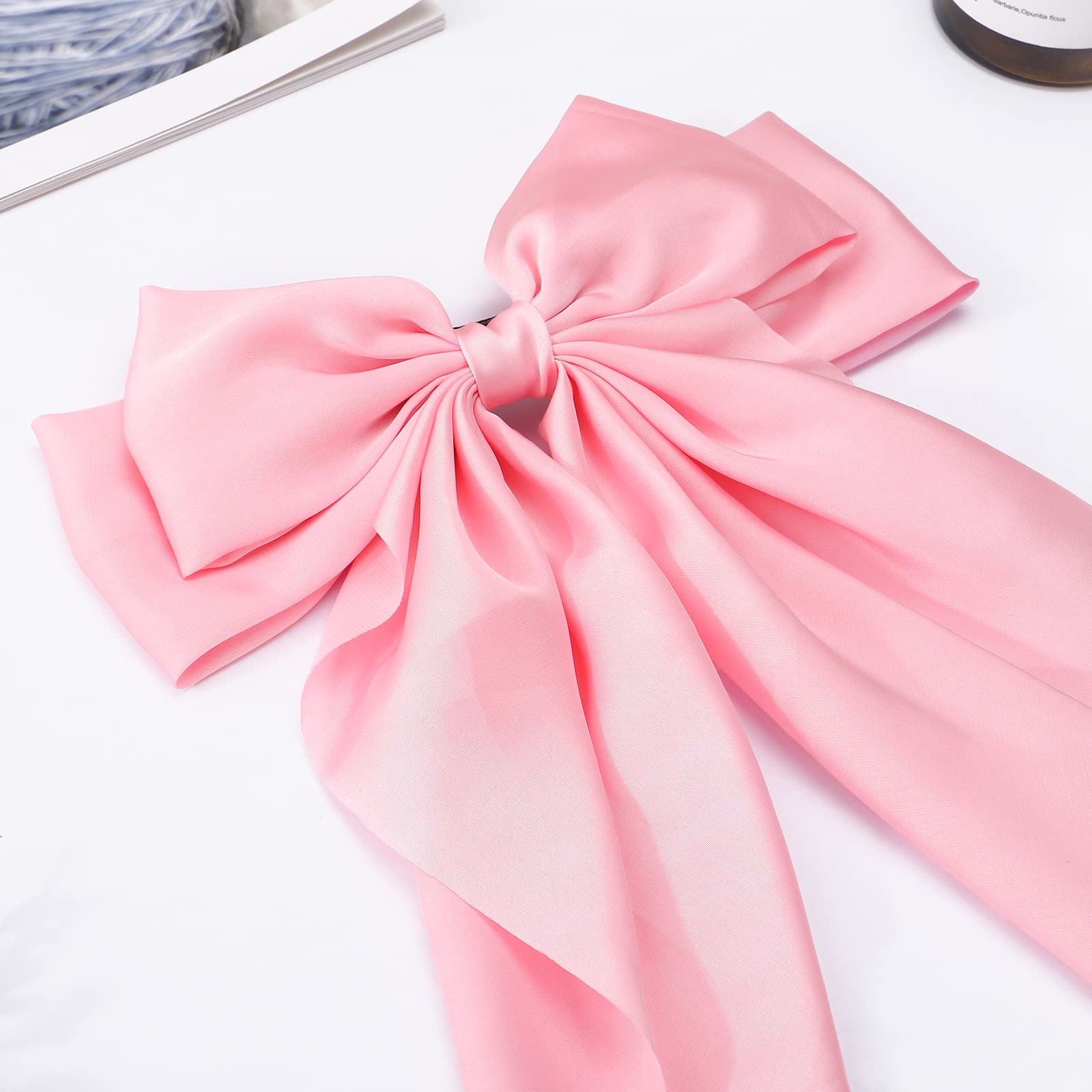 1PC Large Satin Hair Bows for Women & Girls - Giant Long Ribbon Bow Hair Clips, Ponytail Holder, Silk Hair Accessories (Pink) - Perfect for Weddings, Parties & Everyday Style