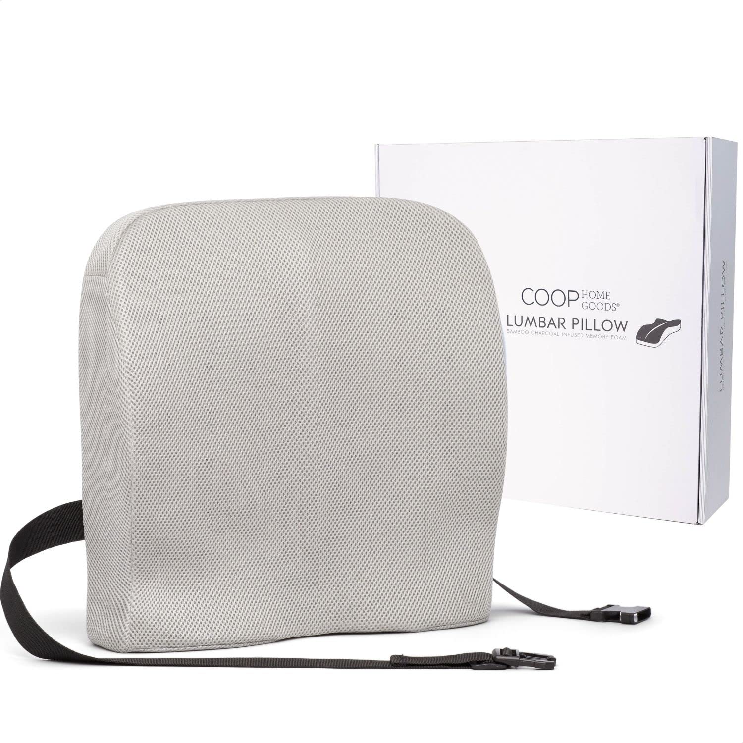 Coop Home Goods Lumbar Pillow for Office Chair & Car Seat - Bamboo Charcoal Memory Foam Back Support Cushion with Adjustable Strap - Relieves Lower Back Pain - Breathable Grey Seat Cushion for Work, Driving & Home Comfort