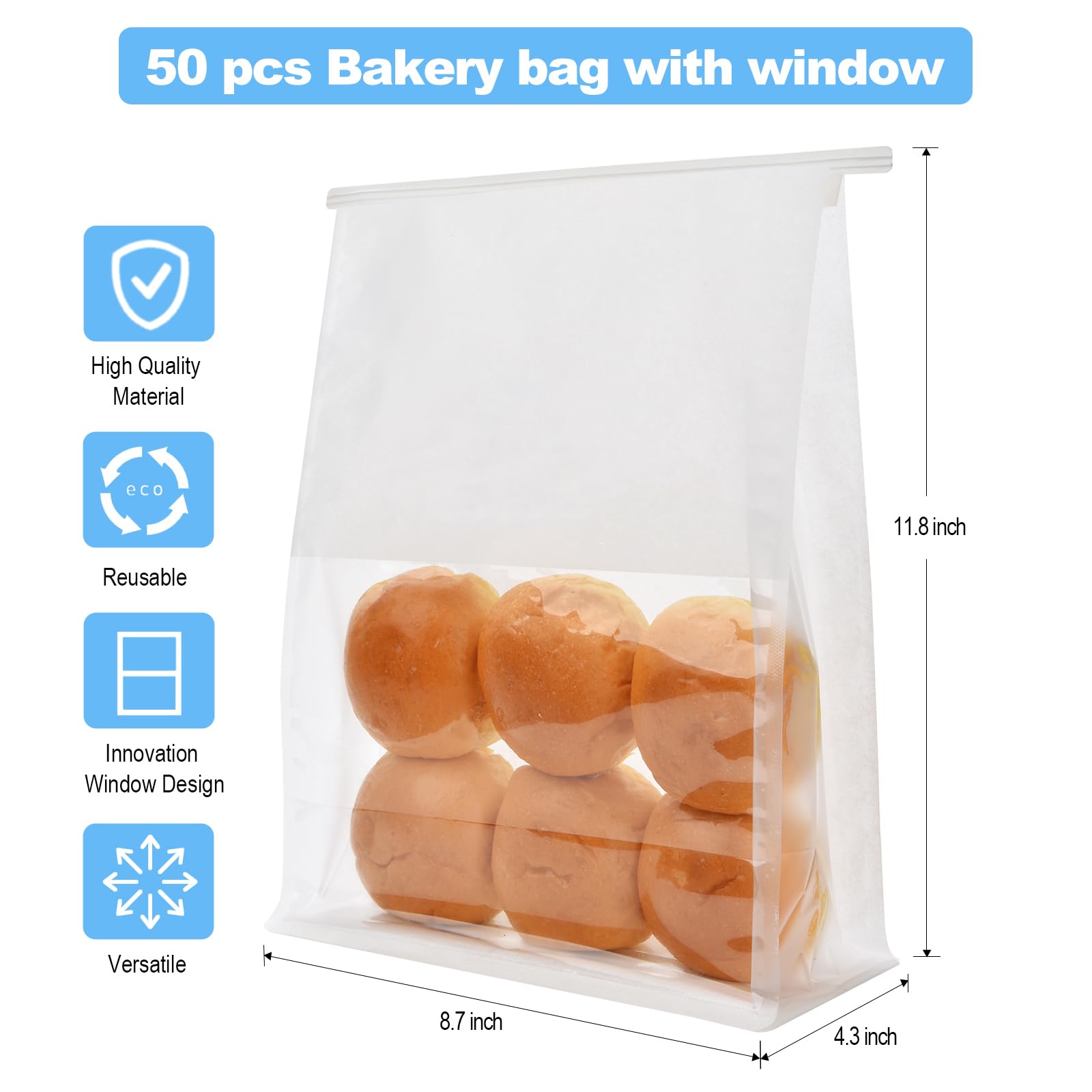 Funcoo 50 Pcs White Paper Bread Bags with Window - 11