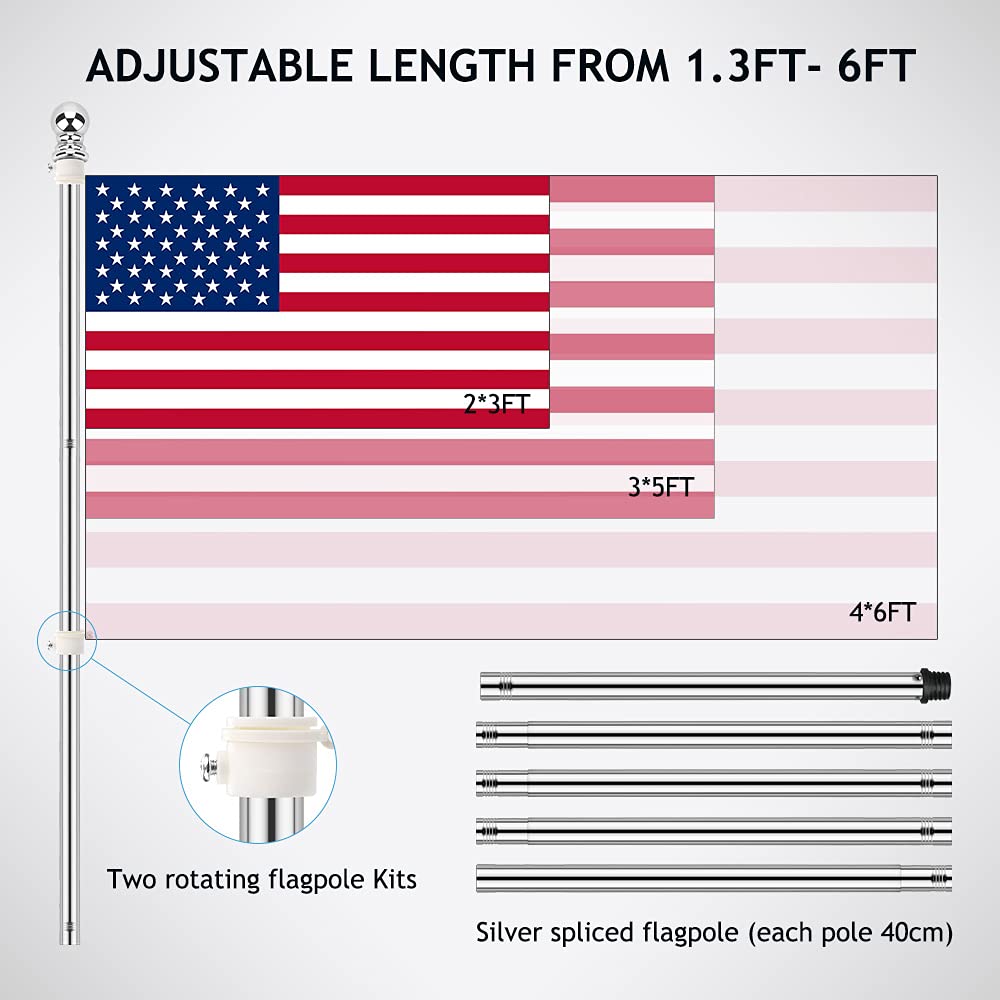 6ft Stainless Steel Wall Mounted Flag Pole Kit with Bracket & Rings - Outdoor Residential/Commercial Use for House, Yard, Garden | Perfect for Patriotic Displays, Sports Events & Business Branding (Silver)