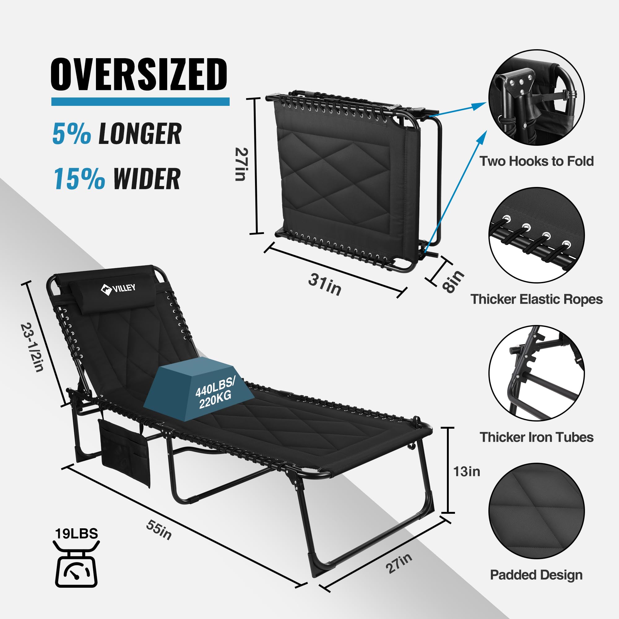 VILLEY Oversized Padded Chaise Lounge Chair with Cushion - Foldable Camping Cot & Patio Recliner - Portable Folding Sleeping Bed for Outdoor, Indoor, Backyard, Garden - Perfect for Camping, Beach Tanning, Poolside Relaxation & Sunbathing