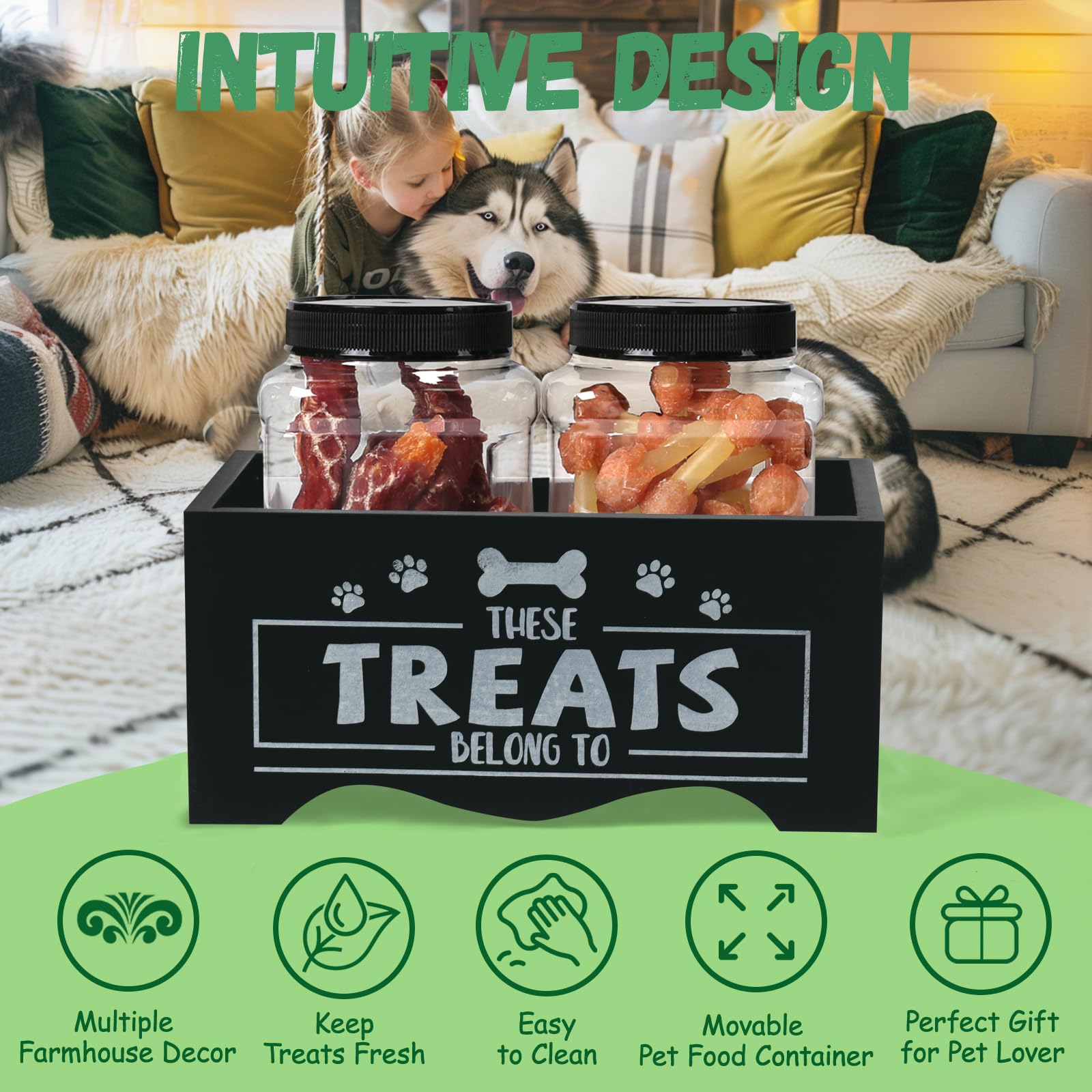 Premium Wooden Pet Treat Storage Container with 2 Airtight Jars - Dog & Cat Food Organizer for Kitchen Countertop - Perfect Gift for Pet Lovers (Black) - Ideal for Treat Storage, Feeding Time & Pet Care Organization