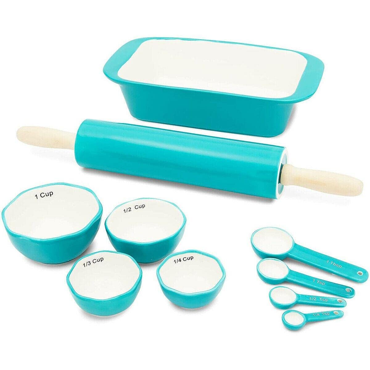 XDE Teal Ceramic Bakeware Set - 10 Piece Kitchen Essentials with Loaf Pan, Rolling Pin, Spoons & Cups | Durable Cookware for Baking, Cooking & Gift Giving | Perfect for Home Bakers, Holiday Cooking & Kitchen Upgrades
