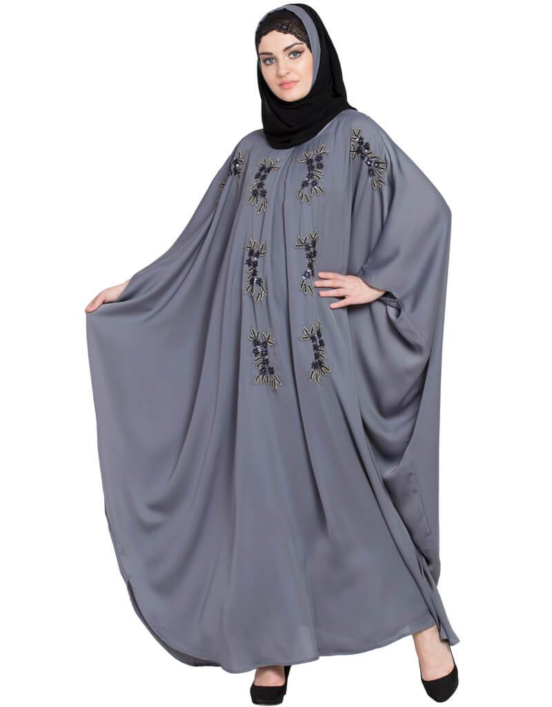 Elegant Arabic Thread Embroidered Nida Kaftan Dress - Grey | Traditional Islamic Abaya for Women | Perfect for Eid, Wedding & Special Occasions