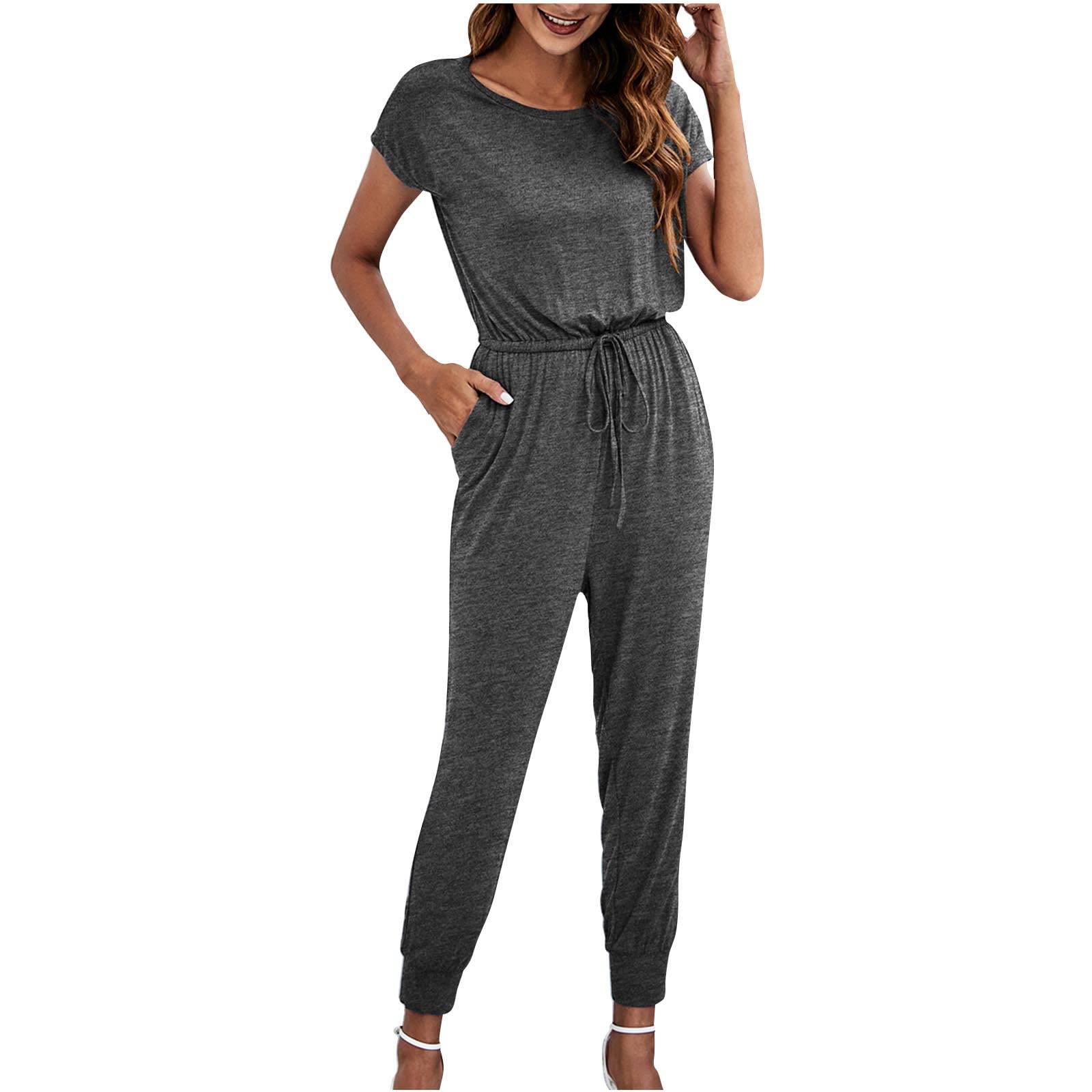 Kcdigr Women's Summer Short Sleeve Jumpsuit - Casual Crewneck Romper with Elastic Waist & Pockets | Beach Outfit, Vacation Wear, Lounge Clothing