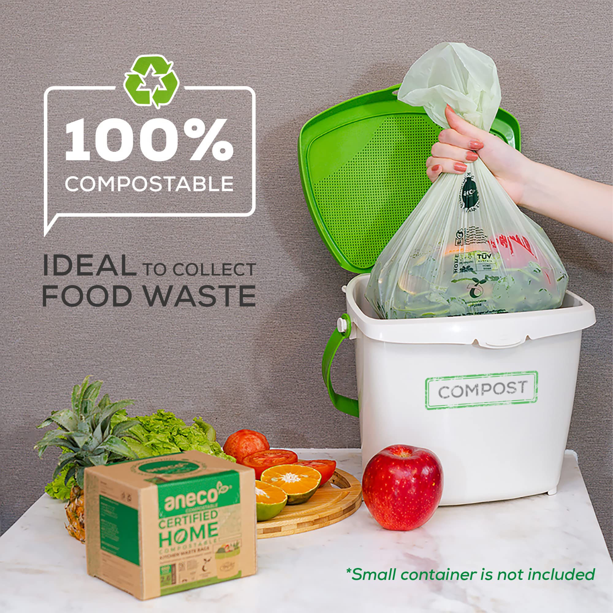 ANECO 100% Compostable Trash Bags 2.6 Gallon - Extra Thick Eco-Friendly Kitchen Compost Bags for Countertop Bin (100 Count) - Perfect for Food Scraps, Organic Waste & Sustainable Living