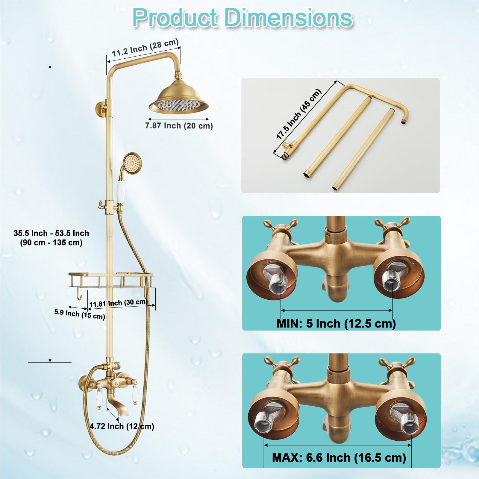 Vintage Brass Outdoor Shower System - 8 Inch Rainfall Shower Head with Dual Cross Handles - Bathroom & Garden Shower Faucet Set for Patio, Poolside, and Backyard Use