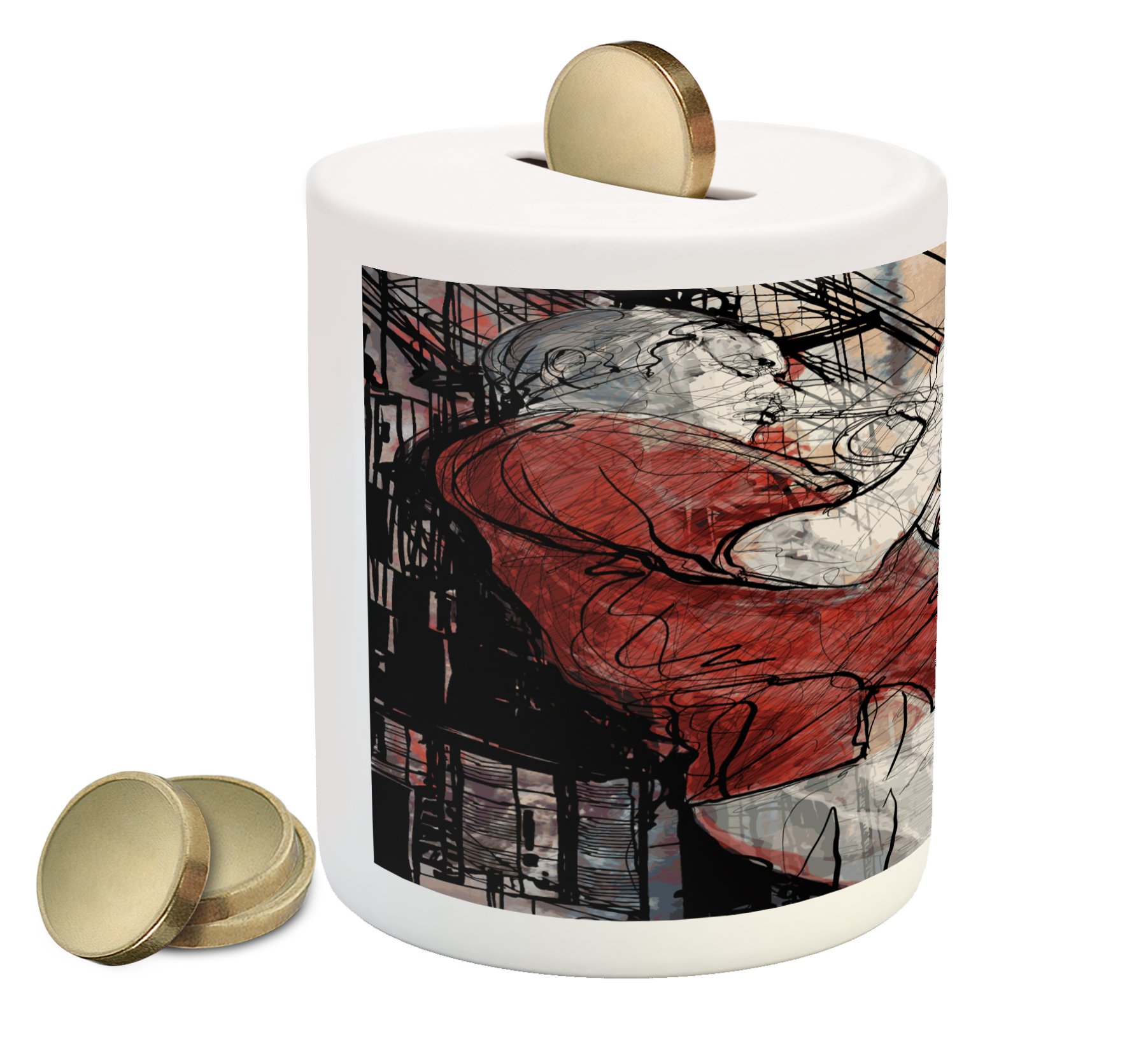 Ambesonne Ceramic Piggy Bank - Musical Trumpet Player & Grunge Cityscape Night Art Print - Boho Style Coin Bank for Saving Money (Red, Black, White) - Perfect Gift for Musicians & Music Lovers