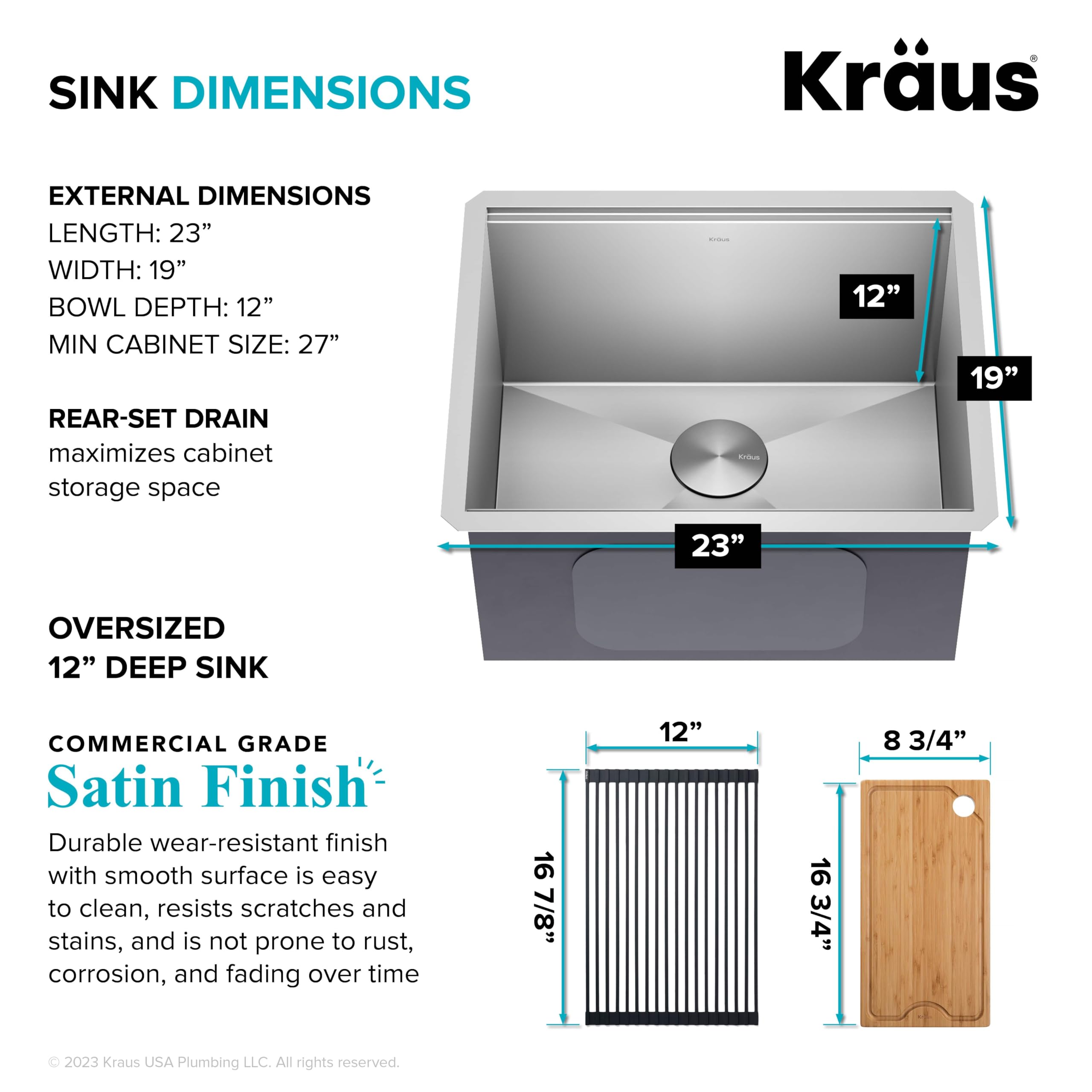 KRAUS Kore 23-Inch Undermount Workstation Single Bowl 16 Gauge Stainless Steel Kitchen Sink with Accessories - Deep Laundry Utility Sink for Heavy-Duty Cleaning, Dishwashing & Food Prep (Model KWU100-23L) | Perfect for Home Kitchens, Restaurants & Commercial Use