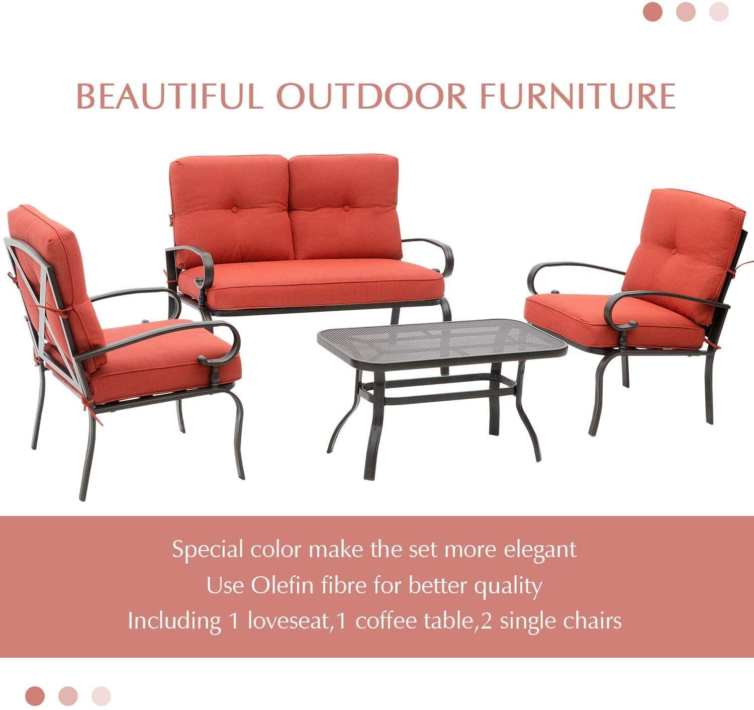 Outdoor Patio Conversation Set - 2 Chairs, Loveseat & Coffee Table with Cushions, Wrought Iron Look Metal Furniture for Garden, Lawn, Front Porch (Red) - Perfect for Backyard Relaxation & Outdoor Entertaining