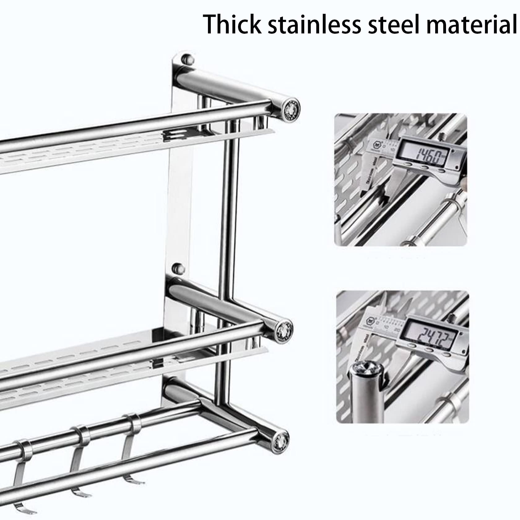 Stainless Steel Wall Mounted Bathroom Shelf with Towel Bar & 5 Hooks - 1/2/3 Tier Shower Organizer (40/50/60/70/80cm) - No Drill Adhesive Installation - Perfect for Small Bathrooms, Showers & Spa Areas
