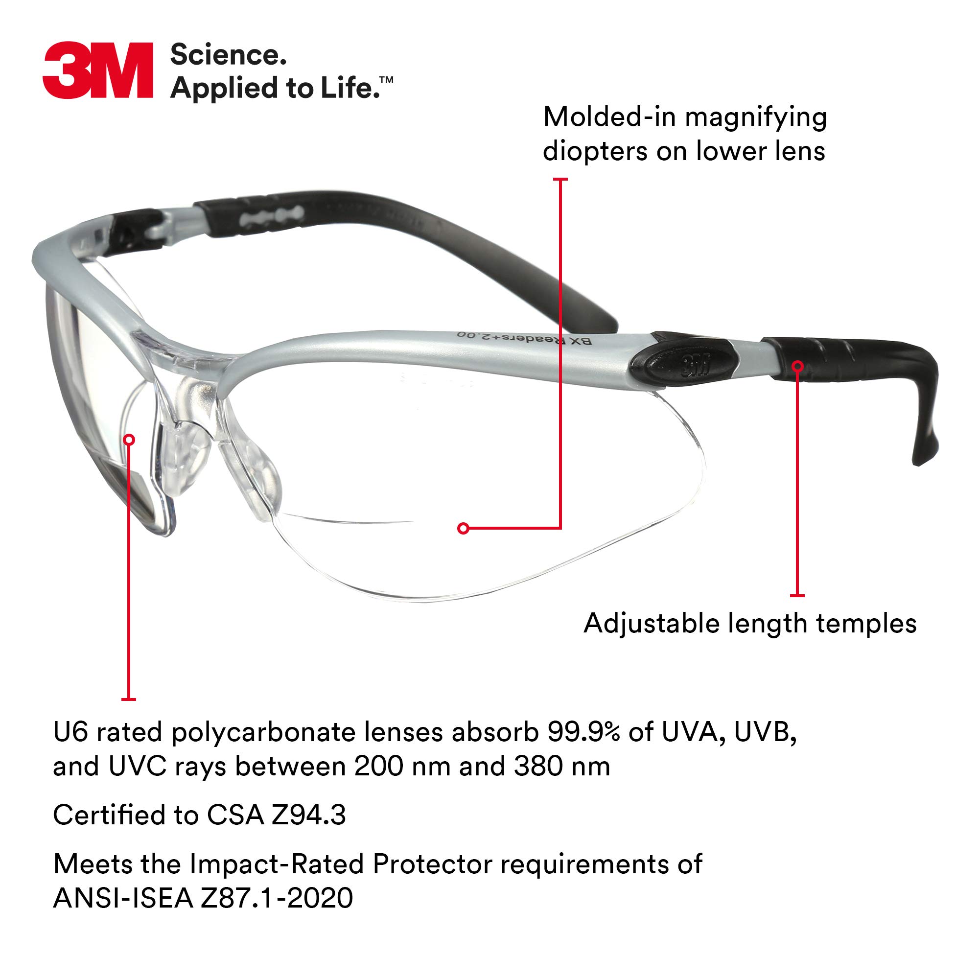 3M Safety Glasses with +2.0 Readers - ANSI Z87.1 Certified Anti-Fog & Scratch-Resistant Clear Lenses - Silver Frame with Adjustable Temples - Perfect for Woodworking, Construction & DIY Projects