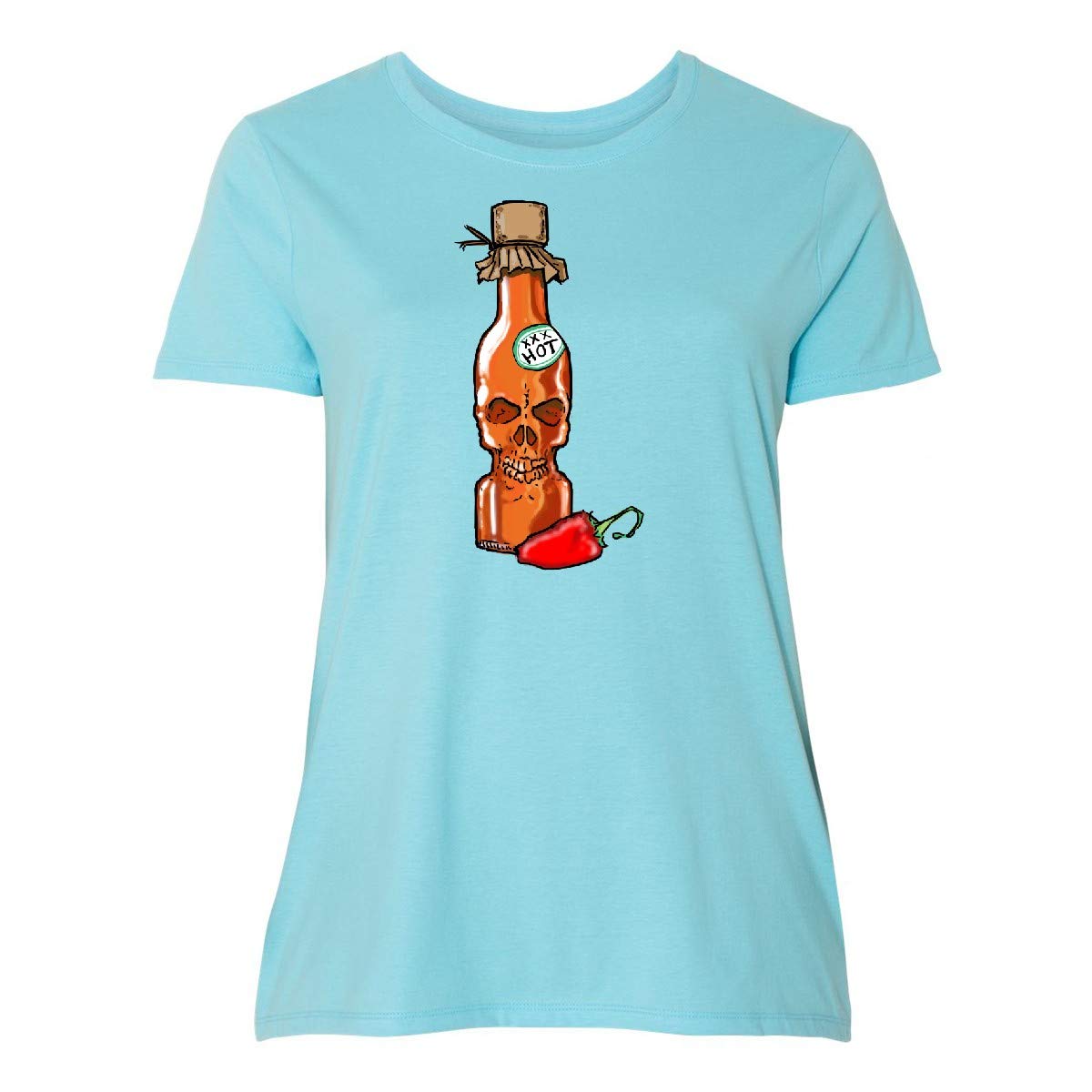 Inktastic Hot Sauce Skull Bottle with Pepper Women's Plus Size T-Shirt - Spicy Food Lover Graphic Tee for Casual Wear & Gift Ideas