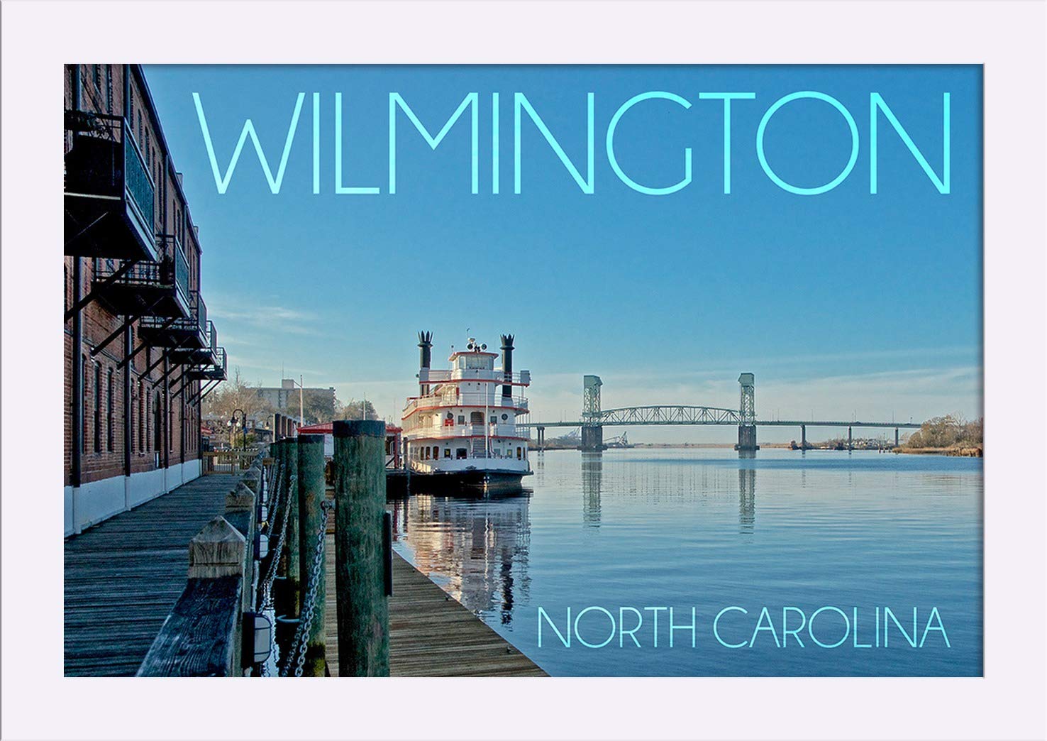 12x18 Wilmington North Carolina Steamship & Bridge Giclee Fine Art Print - Recycled Wood Frame in White - Perfect for Home, Office & Coastal Decor