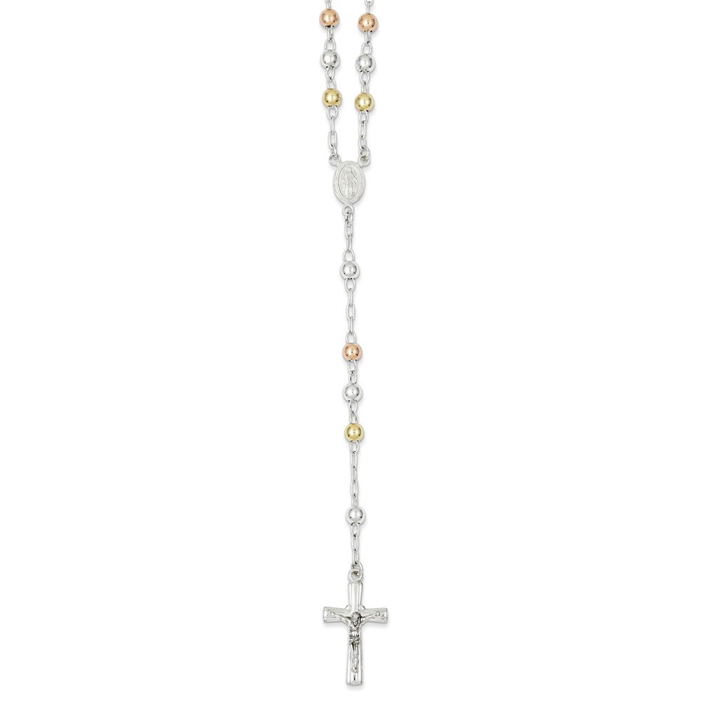925 Sterling Silver Rosary Necklace with Tri-Color Beads - Elegant Polished Religious Jewelry for Prayer, Meditation & Catholic Gifts