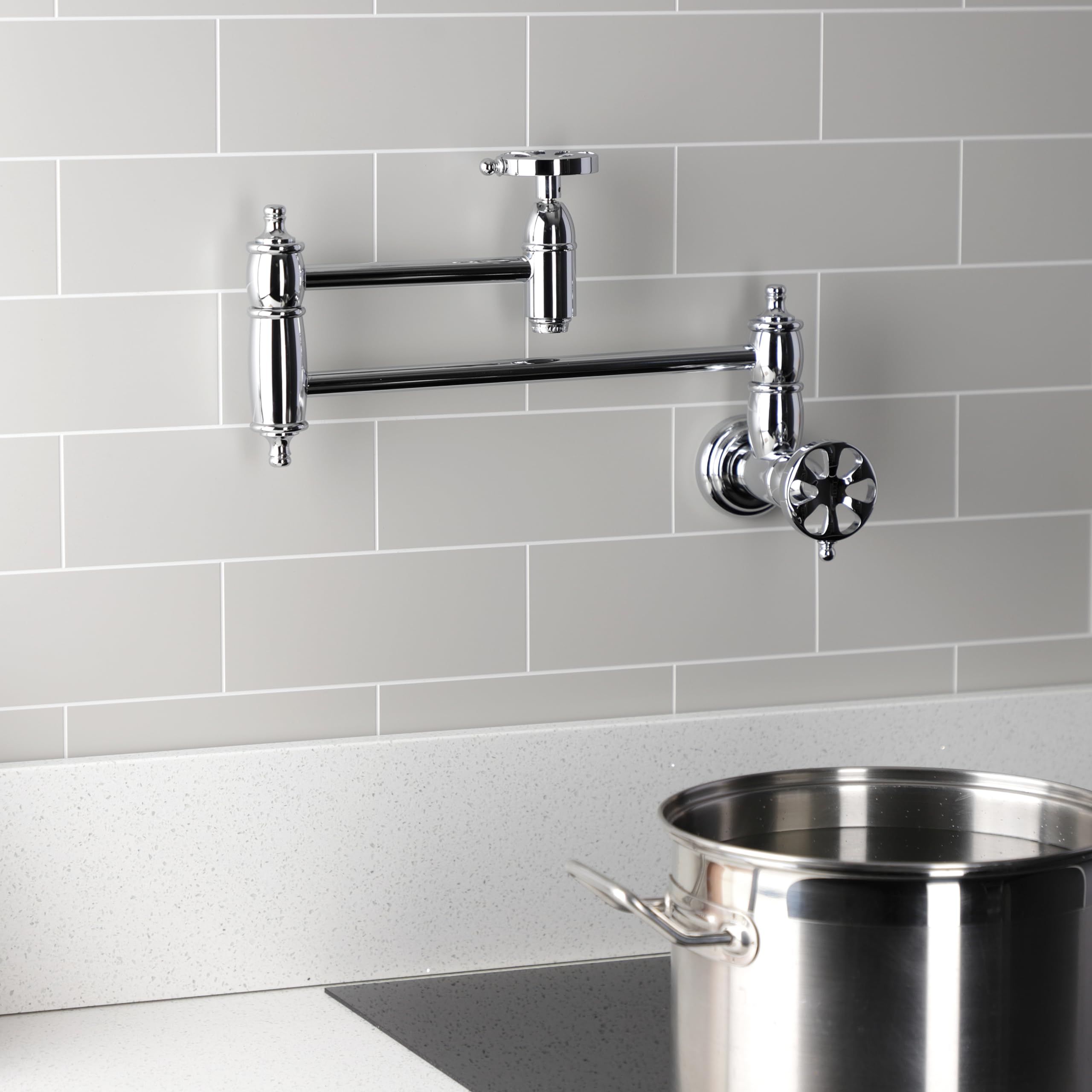 Kingston Brass KS3101RX Belknap Wall Mount Pot Filler Faucet - Polished Chrome Finish - Ideal for Kitchen, Cooking, and Filling Large Pots with Water