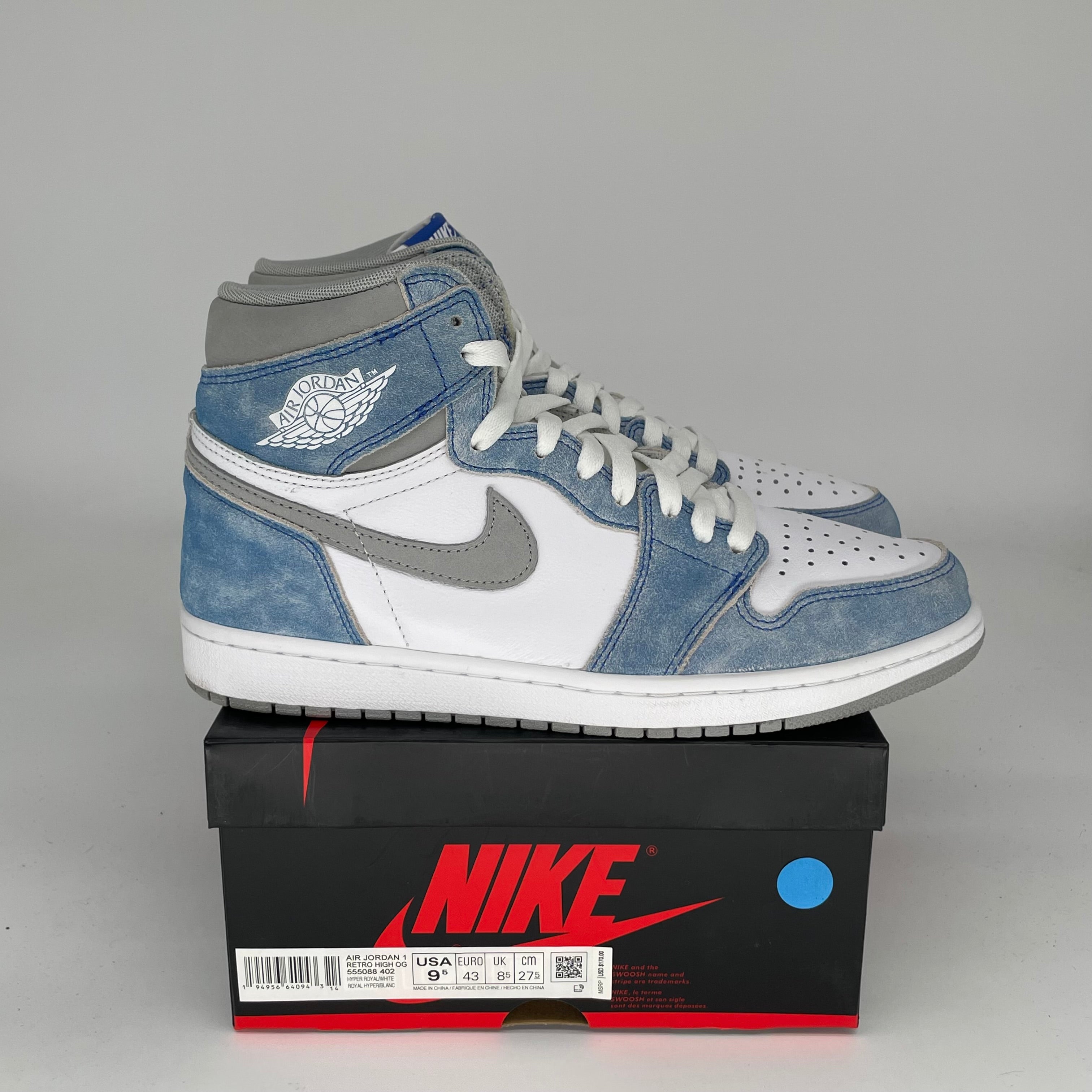 AIR JORDAN 1 HYPER ROYAL Sneakers - Men's Size 9.5 US (555088-402) - Blue & White Basketball Shoes for Casual Wear & Street Style