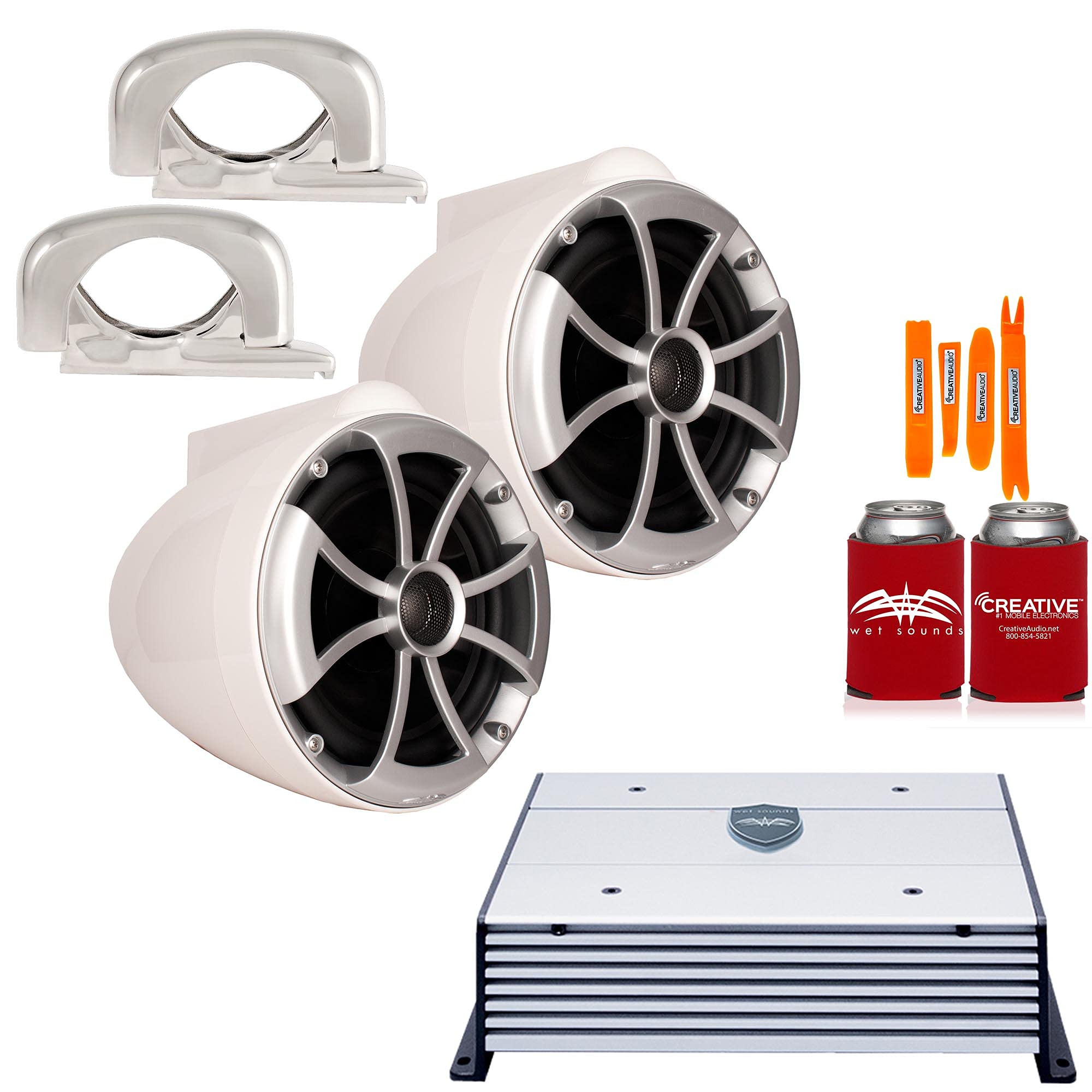 Wet Sounds ICON8W-FMINI 8 Inch White Marine Tower Speakers with Mini Stainless Steel Fixed Clamps & HTX2 Amplifier - Perfect for Boat, Wakeboard Tower, and Outdoor Water Sports Audio System