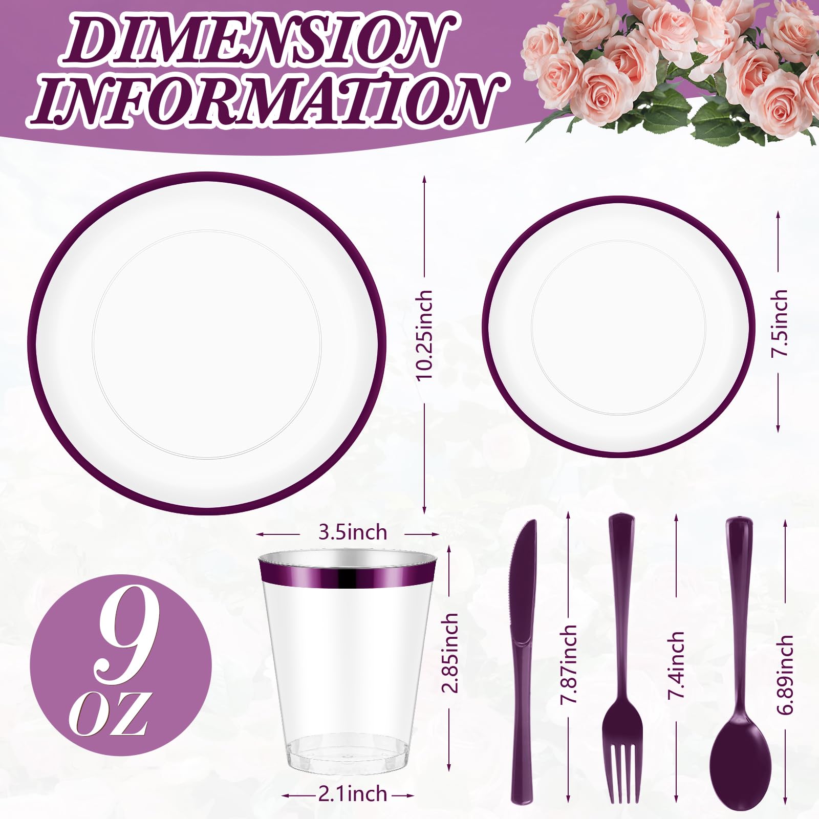 Roshtia 300-Piece Clear Plastic Dinnerware Set for 50 Guests - Disposable Plates, Cups, Cutlery (Knives, Forks, Spoons) for Birthday, Wedding & Party Events - Elegant Rim Design (Purple) - Perfect for Catering, BBQs, Picnics & Large Gatherings