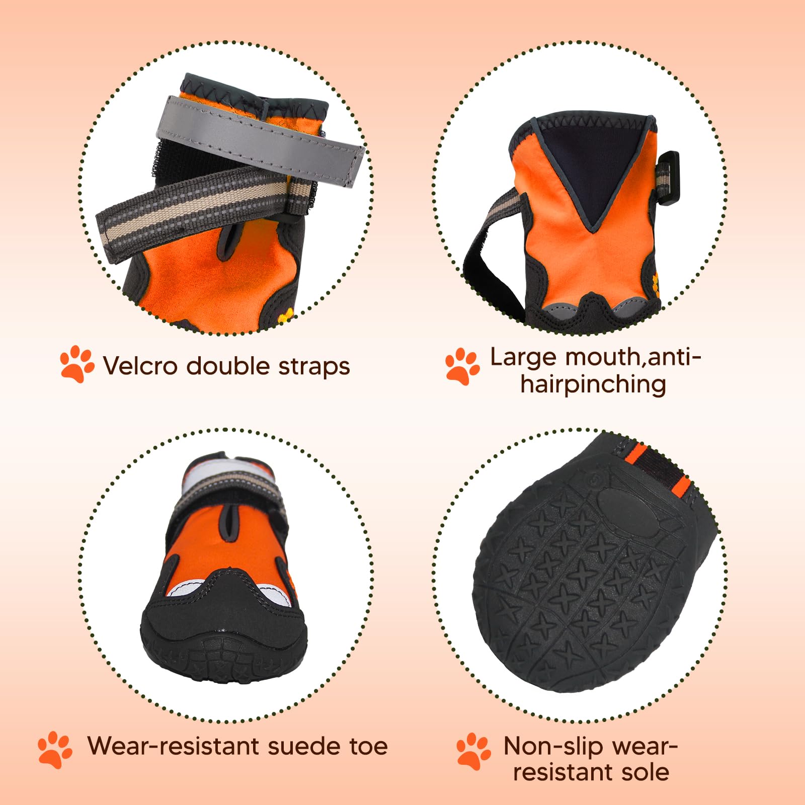 FISHOAKY Waterproof Dog Boots for Medium Dogs - Anti Slip Paw Protectors for Winter Snow & Hot Summer Pavement - 4 Pack Orange Dog Shoes Size 5 - Perfect for Walking, Hiking & Outdoor Adventures