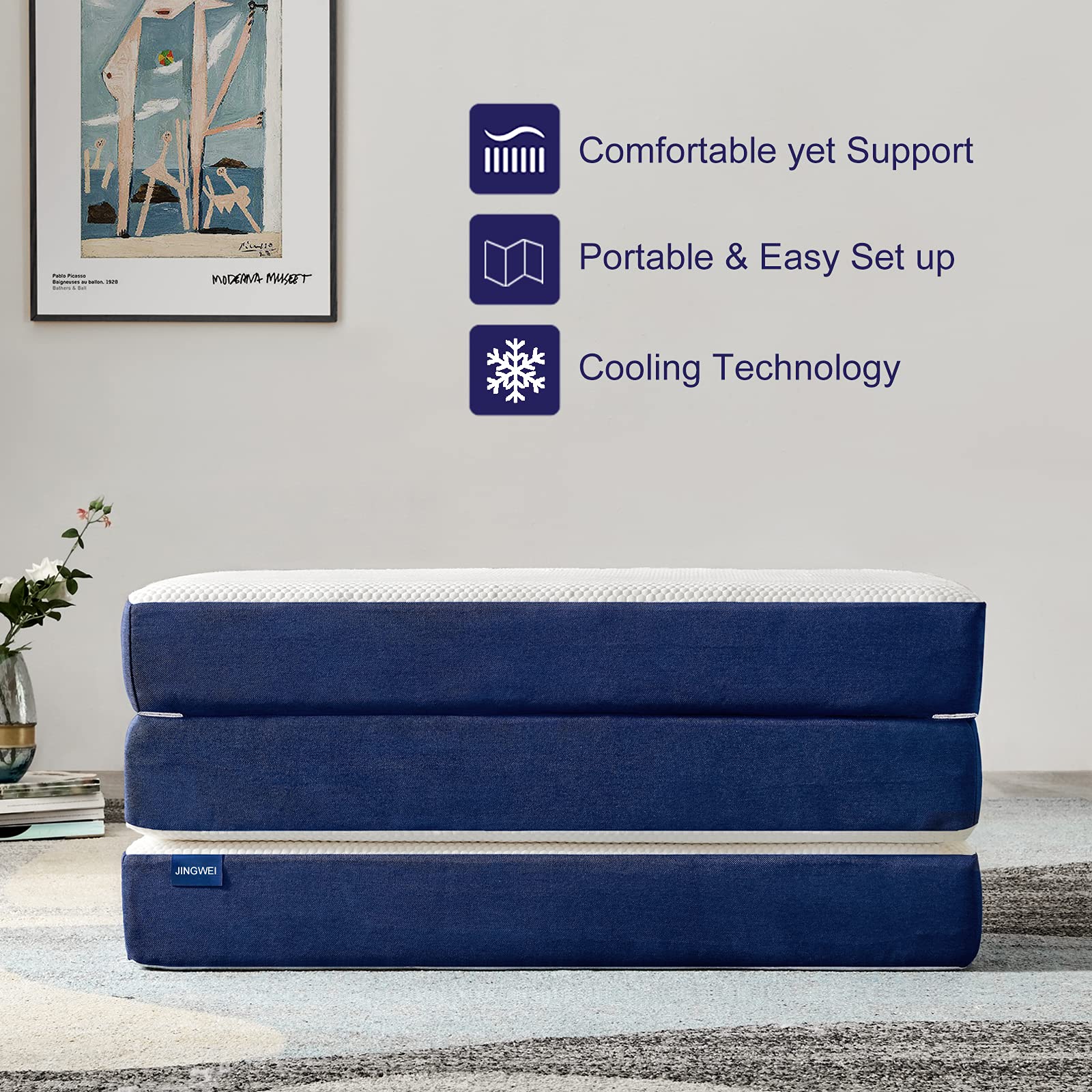 JINGWEI 6-Inch Tri-Fold Memory Foam Mattress - Full Size Foldable Mattress Topper with Washable Cover (52
