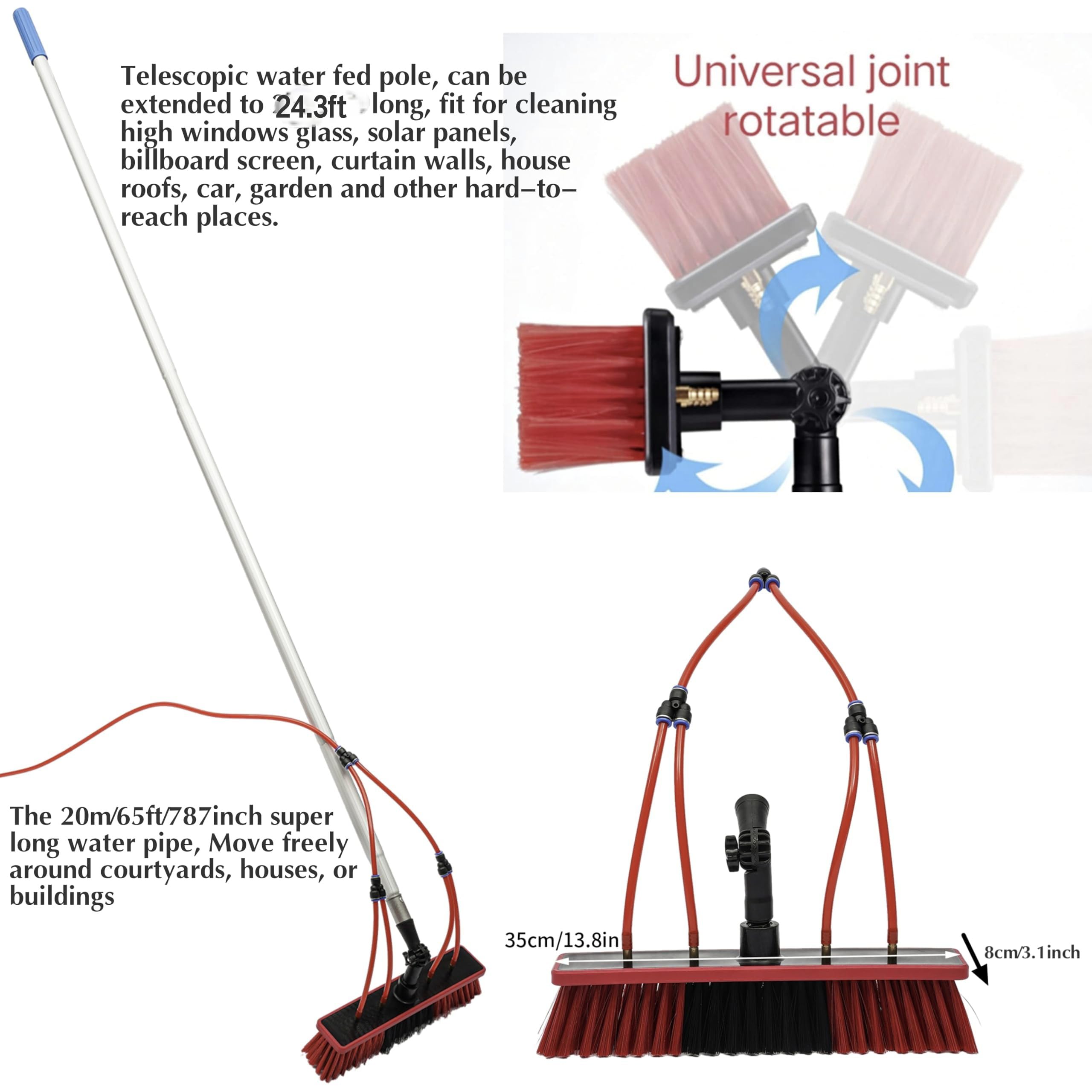 Adjustable Telescopic Water Fed Pole (1-7.4m/3.28-24.43ft) with 13.78in Short Brush & 65ft Hose - Professional Window Cleaning System for High-Rise Buildings, Solar Panels, and Hard-to-Reach Areas