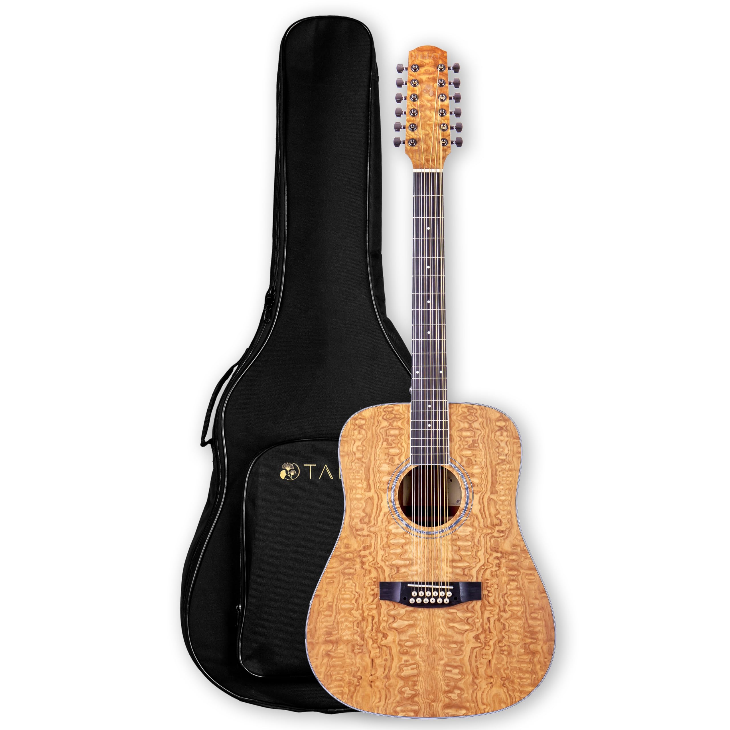 Premium Left-Handed 12-String Acoustic Guitar - Curly Ash Top, Mahogany Back & Sides, Okoume Neck - Perfect for Folk, Blues & Fingerstyle Performances