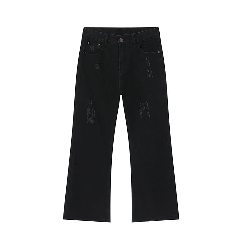 Vintage American High Street Flare Pants - Distressed Denim Jeans with Cat Beard & Worn Out Design for Men | Solid Color with Zipper | Summer Casual Wear | Perfect for Street Style, Music Festivals & Retro Outfits