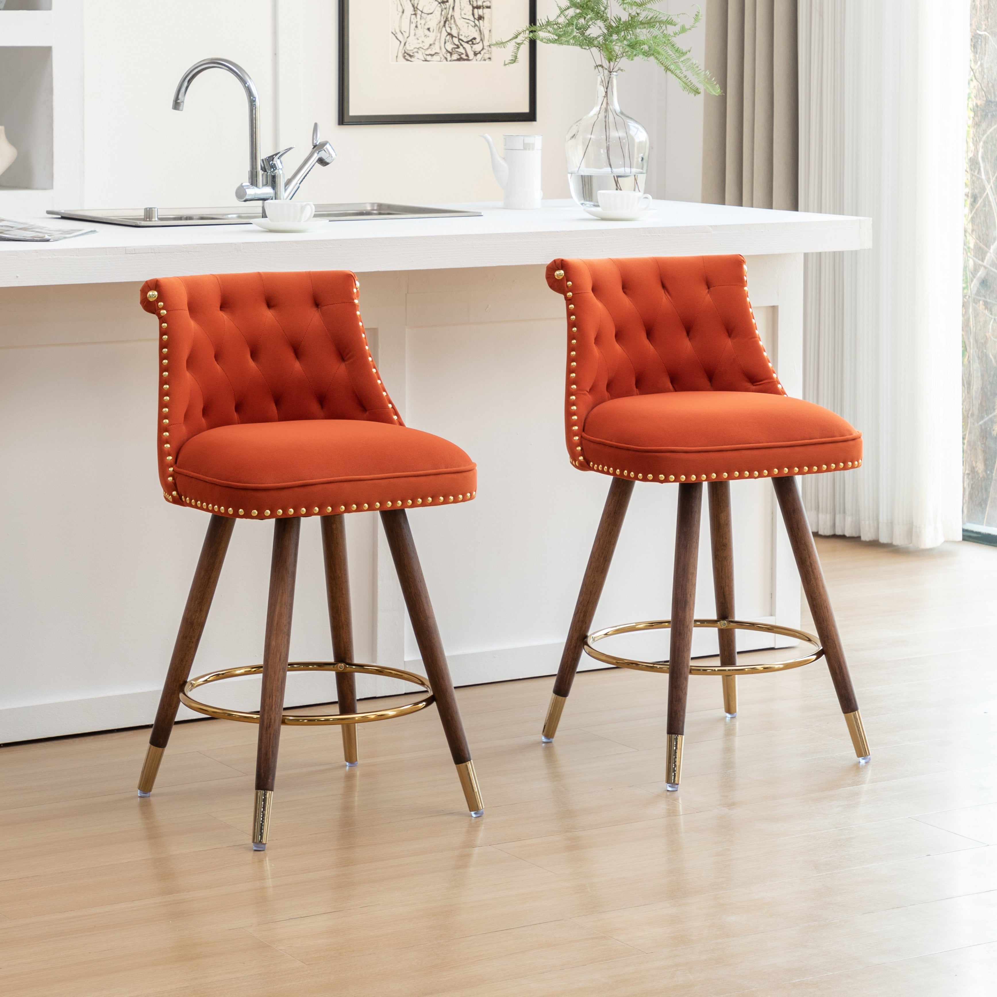 Roundhill Furniture Elvara Set of 2 Button Tufted Counter Stools with Nailhead Trim - Modern Kitchen Bar Stools for Breakfast Nook, Kitchen Island & Home Decor