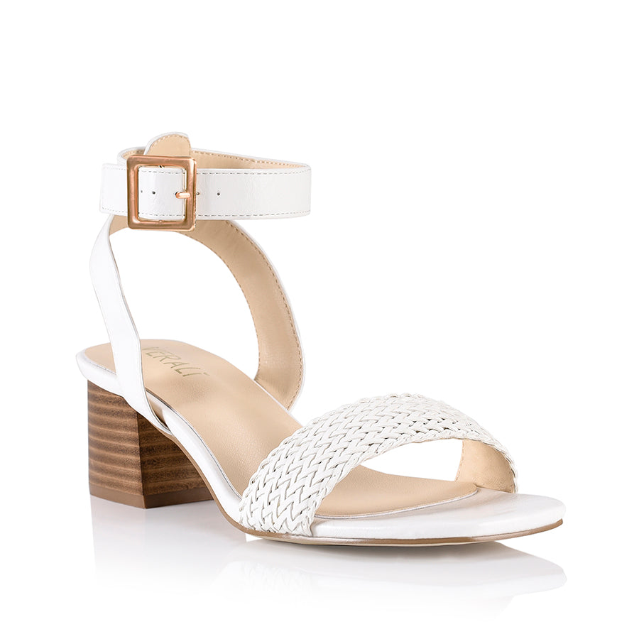 Elly Block Heel Sandals - White Weave Women's Comfortable Summer Shoes | Perfect for Beach, Wedding & Casual Outfits