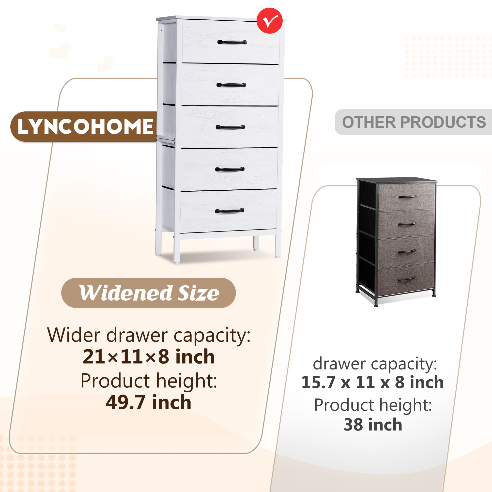 LYNCOHOME White 5-Drawer Fabric Dresser for Bedroom, Tall Storage Chest with Fabric Drawers - Perfect for Bedroom Organization, Coat Closet & Entryway Storage