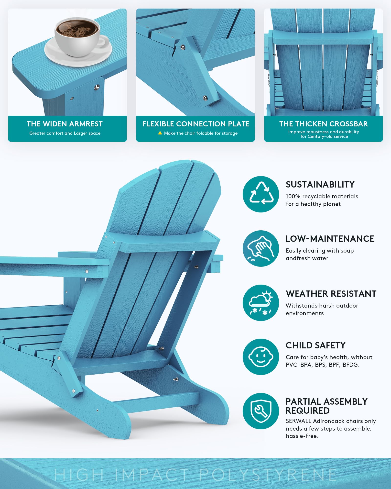 SERWALL Folding Adirondack Chair - Weather Resistant Outdoor Patio Furniture, Light Blue - Perfect for Backyard, Garden, Poolside & Beach Relaxation