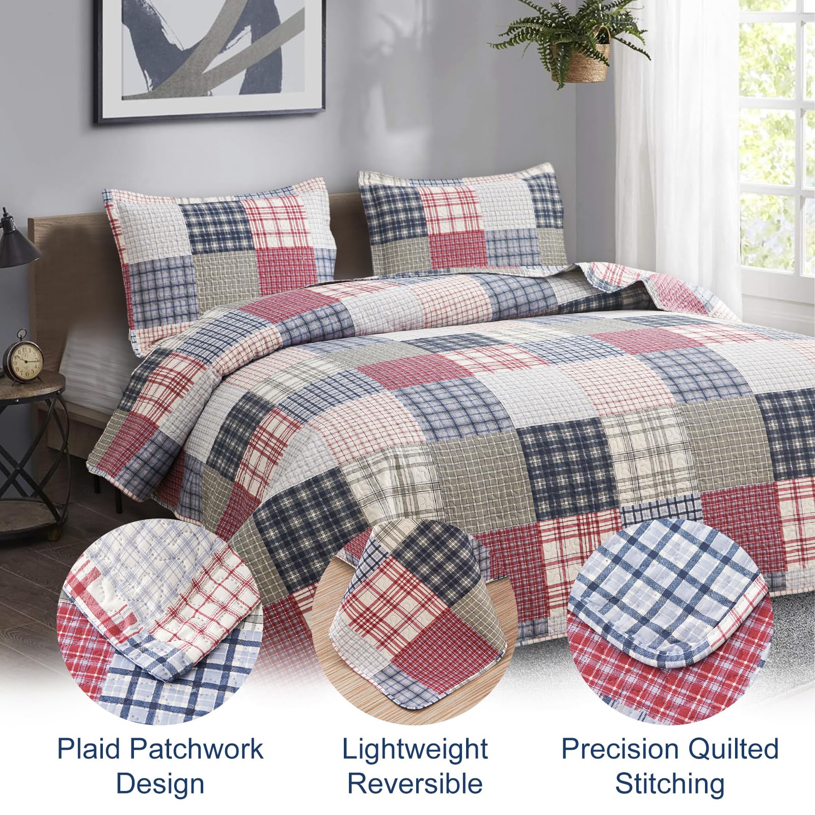 **Red Blue White Plaid Quilt Set - Twin Size Reversible Bedspread Coverlet, Soft Microfiber, Lightweight & All-Season - Perfect for Boys, Teens & Adults - Ideal for Bedrooms, Dorms & Guest Rooms**