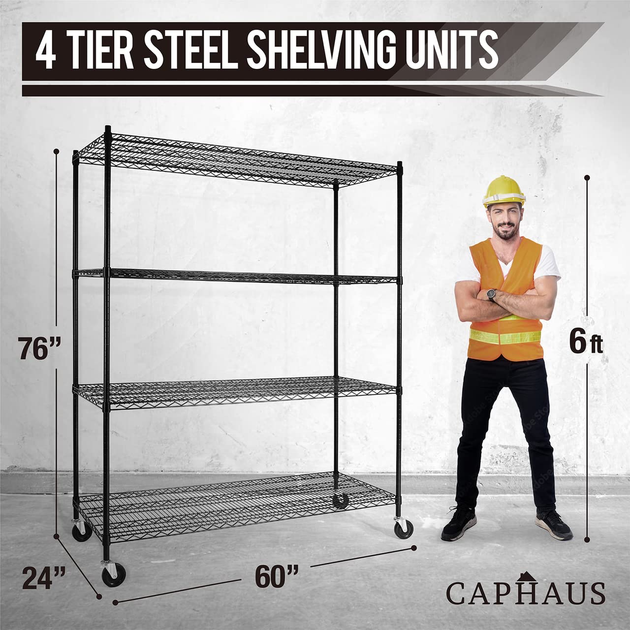 CAPHAUS 4-Tier Heavy Duty Adjustable Wire Shelving with Wheels & Leveling Feet - 60