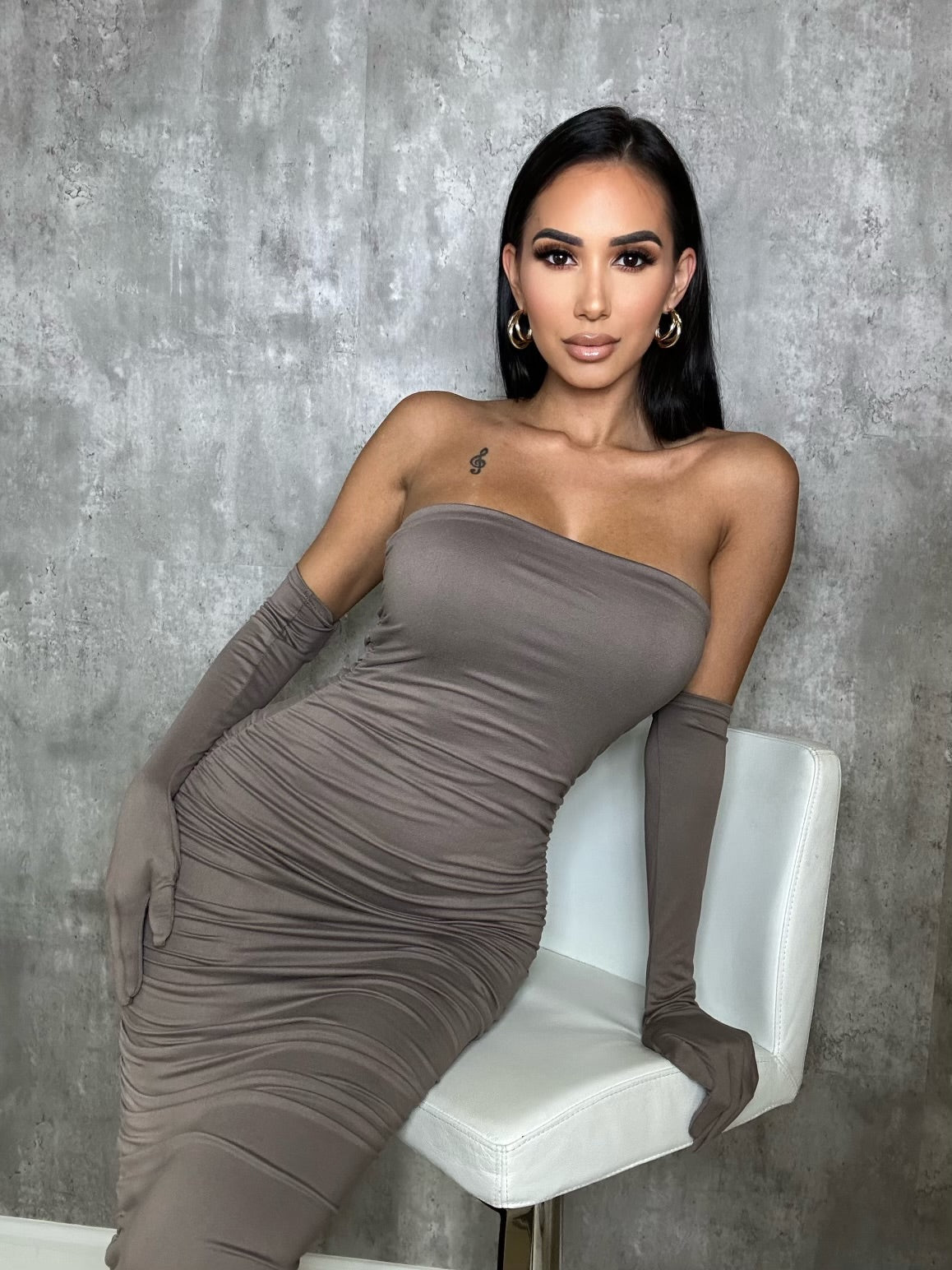 Taupe Strapless Scrunch Butt Midi Dress with Gloves - Sexy Bodycon Outfit for Nightclub, Date Night & Special Occasions