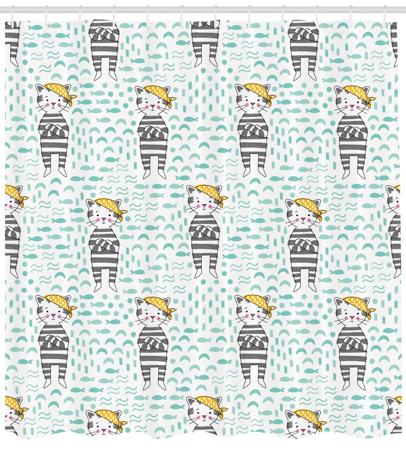 Ambesonne Cartoon Shower Curtain - Cute Kittens with Bandanas on Pastel Fish & Waves Design, 69x84 Inch Waterproof Fabric Bathroom Decor with Hooks - Pale Green Yellow - Perfect for Kids' Bathroom, Nursery or Beach Theme Decor