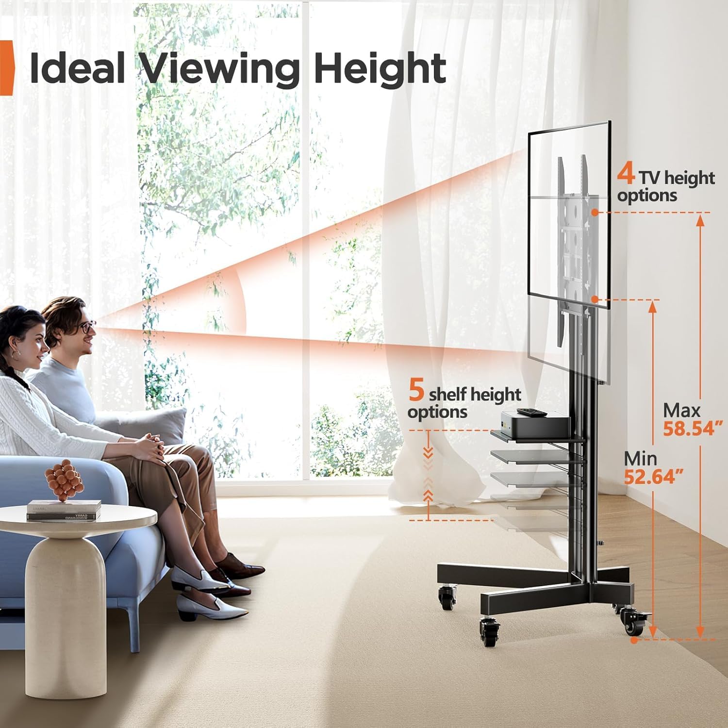 Perlegear Adjustable Rolling TV Stand with Wheels - Mobile TV Cart for 32-85 Inch Screens (Up to 132 lbs), Height Adjustable TV Stand with Metal Shelf & Lockable Casters, Max VESA 600x400mm - Perfect for Living Room, Bedroom, Office or Classroom