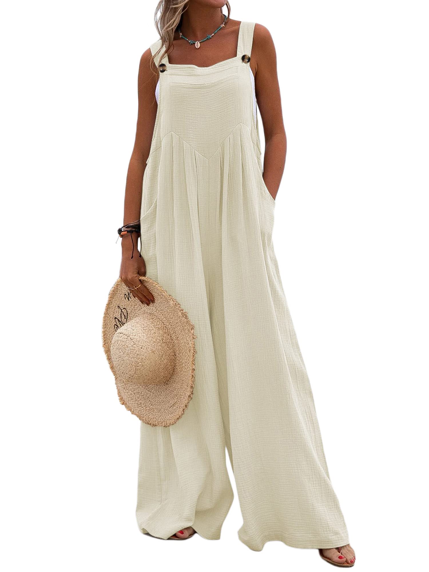 Kaipiclos Women's Baggy Overalls - Plus Size Wide Leg Jumpsuit, Solid Color Loose Linen Suspender Overalls with Pockets | Casual Summer Outfit, Beach Wear, Street Style Fashion