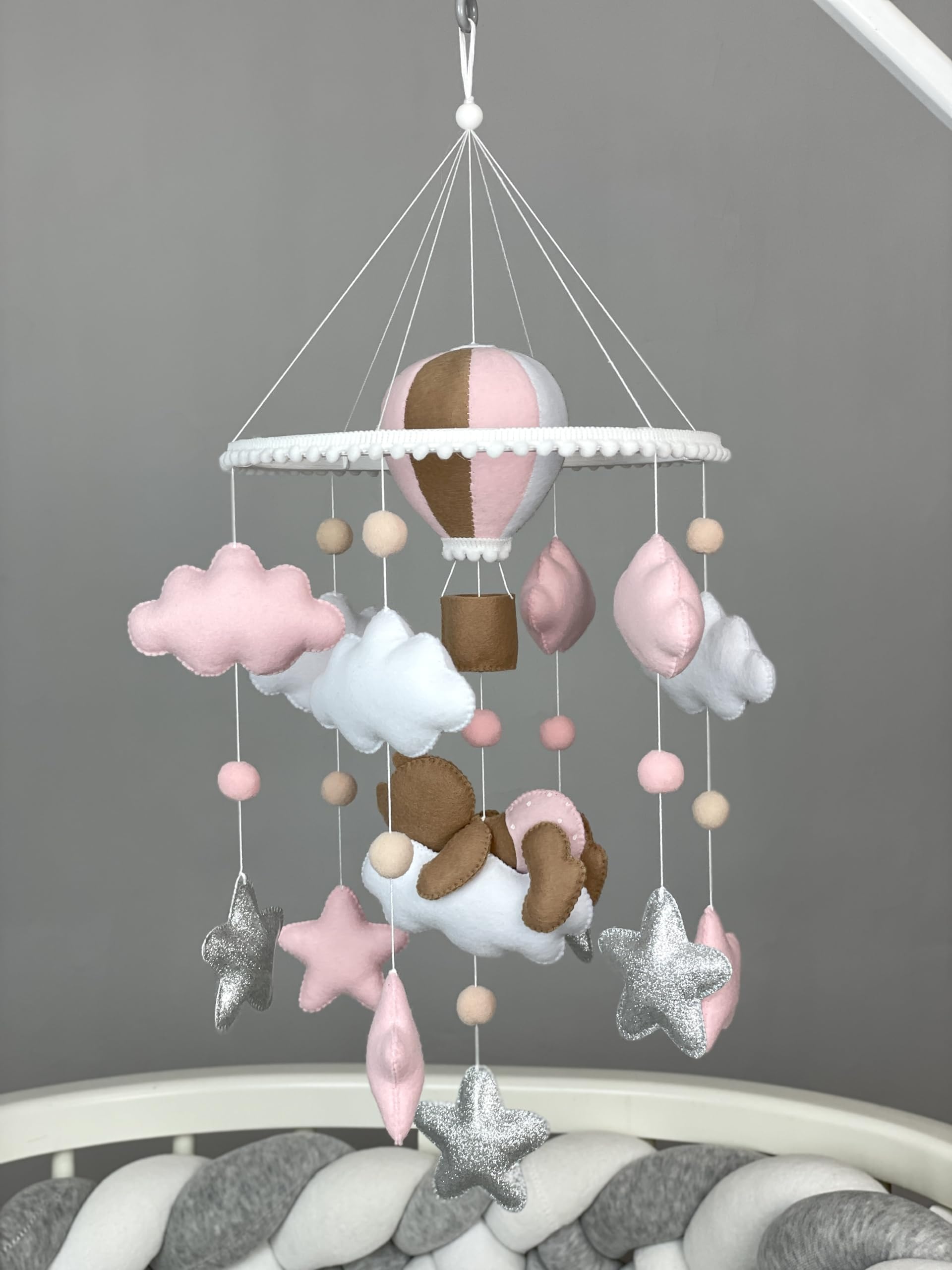 Pink Teddy Bear Baby Mobile for Crib - Balloon Themed Nursery Decor, Newborn Girl Gift for Baby Shower & New Moms | Perfect for Nursery Room, Baby Girl Bedroom & New Mom Gifts