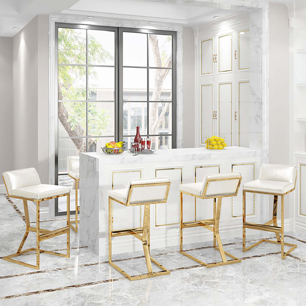 White PU Leather Bar Stool with Gold Legs & Footrest - Modern Counter Height Stool for Kitchen Island, Breakfast Bar & Home Decor