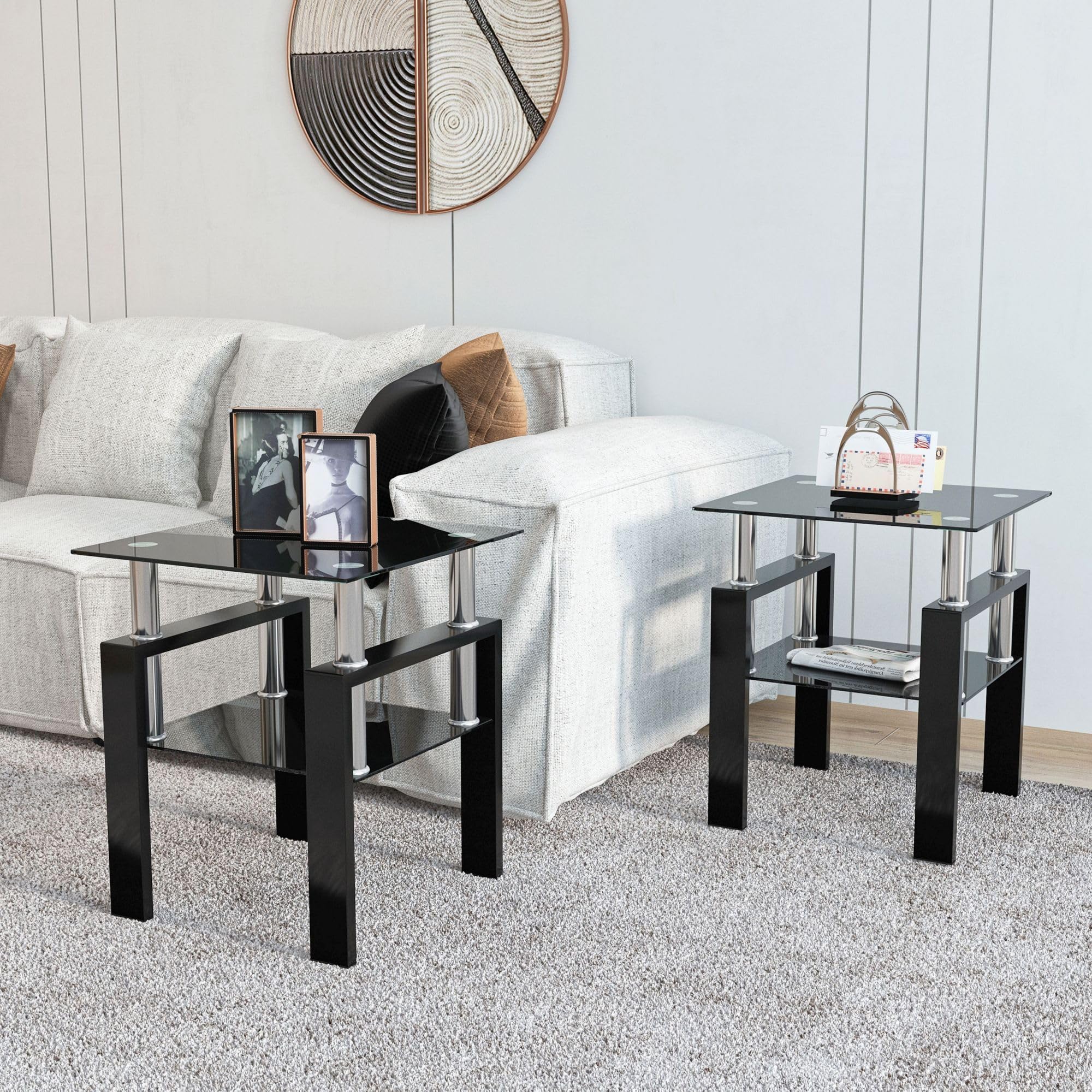 IANIYA 3-Piece Modern Tempered Glass Coffee Table Set - Black Living Room Furniture with Sleek Design & High Capacity - Perfect for Small Spaces, Apartments, and Contemporary Home Decor