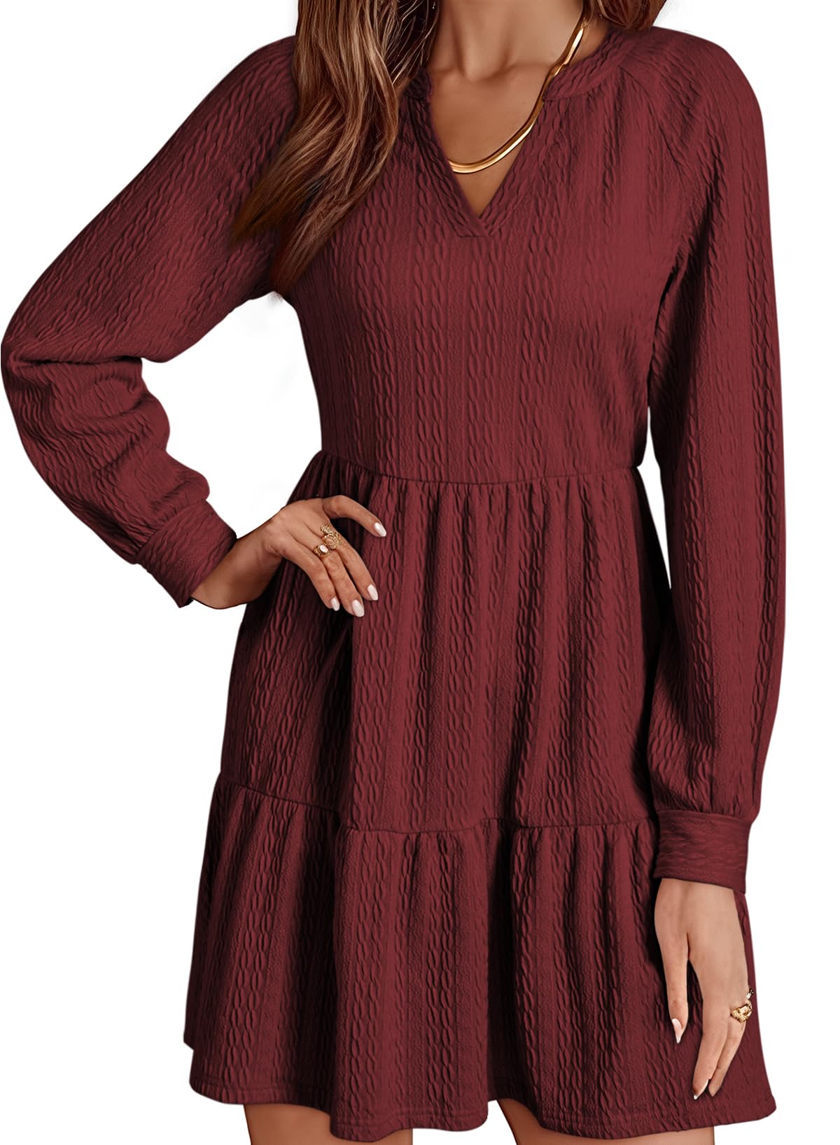 Dokotoo Women's Long Sleeve V-Neck Tiered Ruffle A-Line Mini Dress - Textured Casual Babydoll Swing Dress for Party, Date Night & Spring Outfits