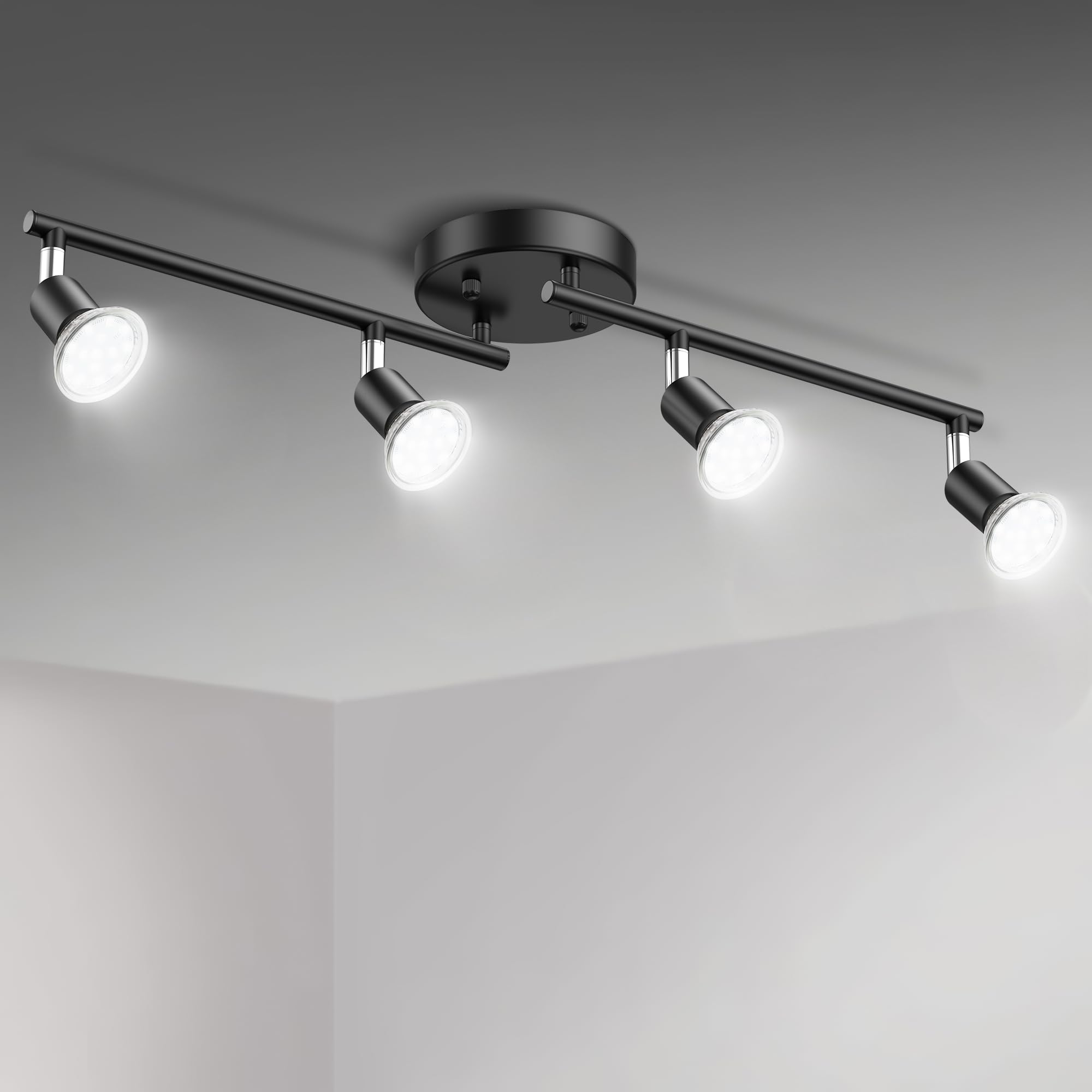 4-Light LED Track Lighting Kit - Adjustable Black Ceiling Spotlight with GU10 Bulbs for Kitchen, Cabinet, Gallery, Bar, Hallway & Living Room | Modern Flexible Fixture for Home & Office Lighting