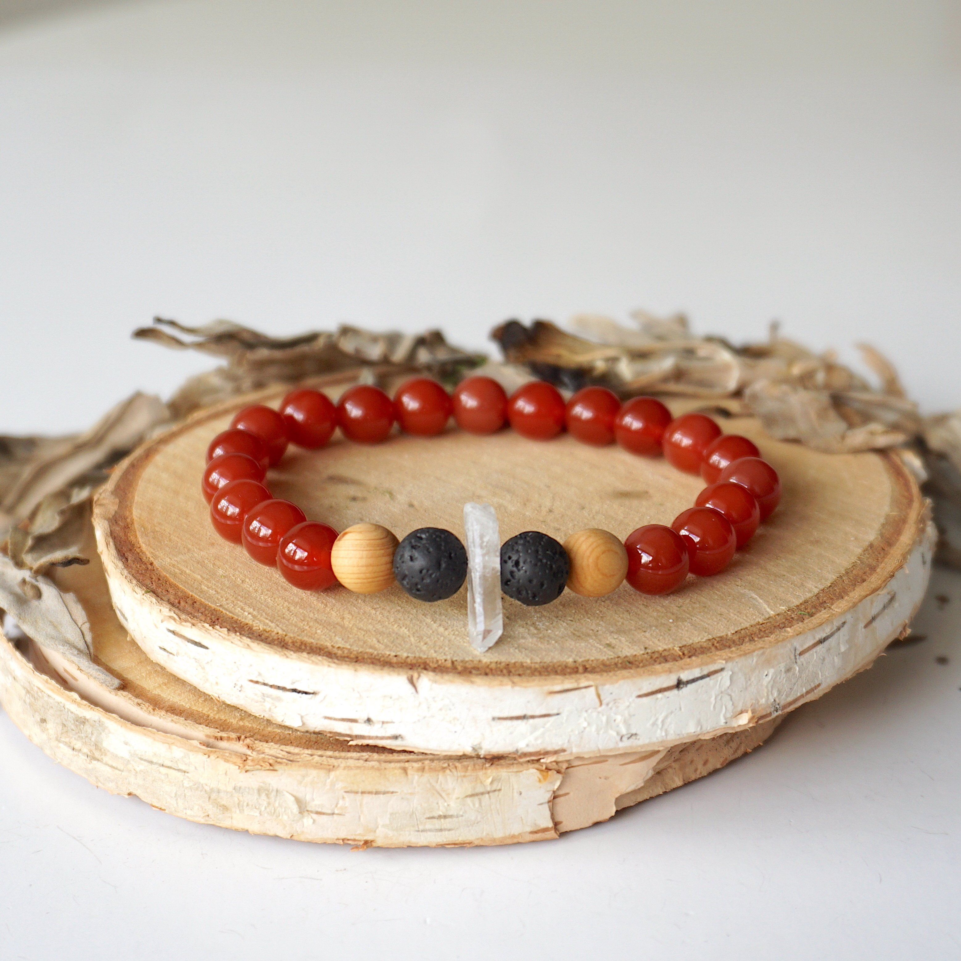 Natural Carnelian Healing Crystal Mala Bracelet with Quartz, Lava Beads & Olivewood - Meditation, Yoga, Chakra Balancing & Spiritual Healing Jewelry
