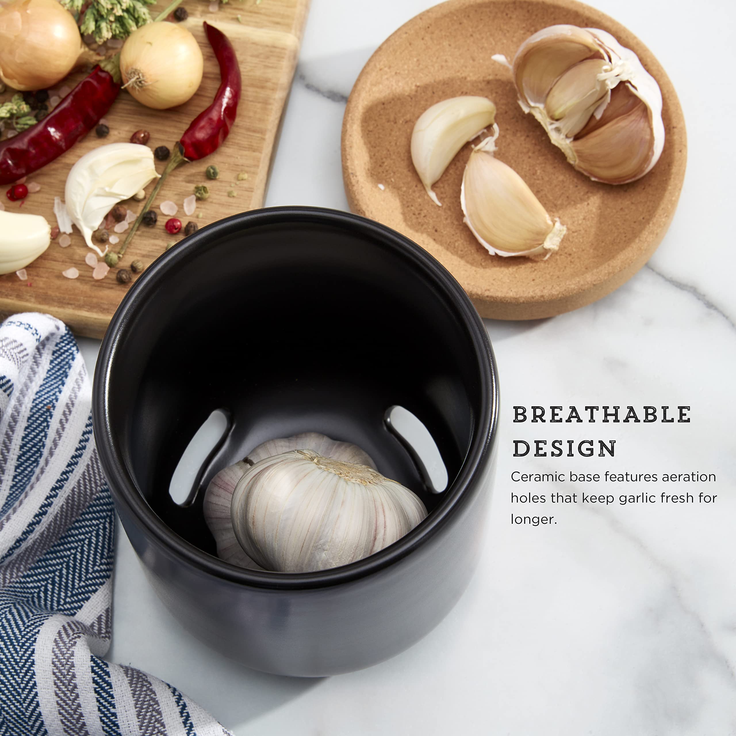 Ceramic & Cork Breathable Garlic Keeper - Stackable Space Saving Design with Natural Cork Lid & Black Ceramic - Perfect for Kitchen Storage, Pantry Organization & Keeping Garlic Fresh Longer