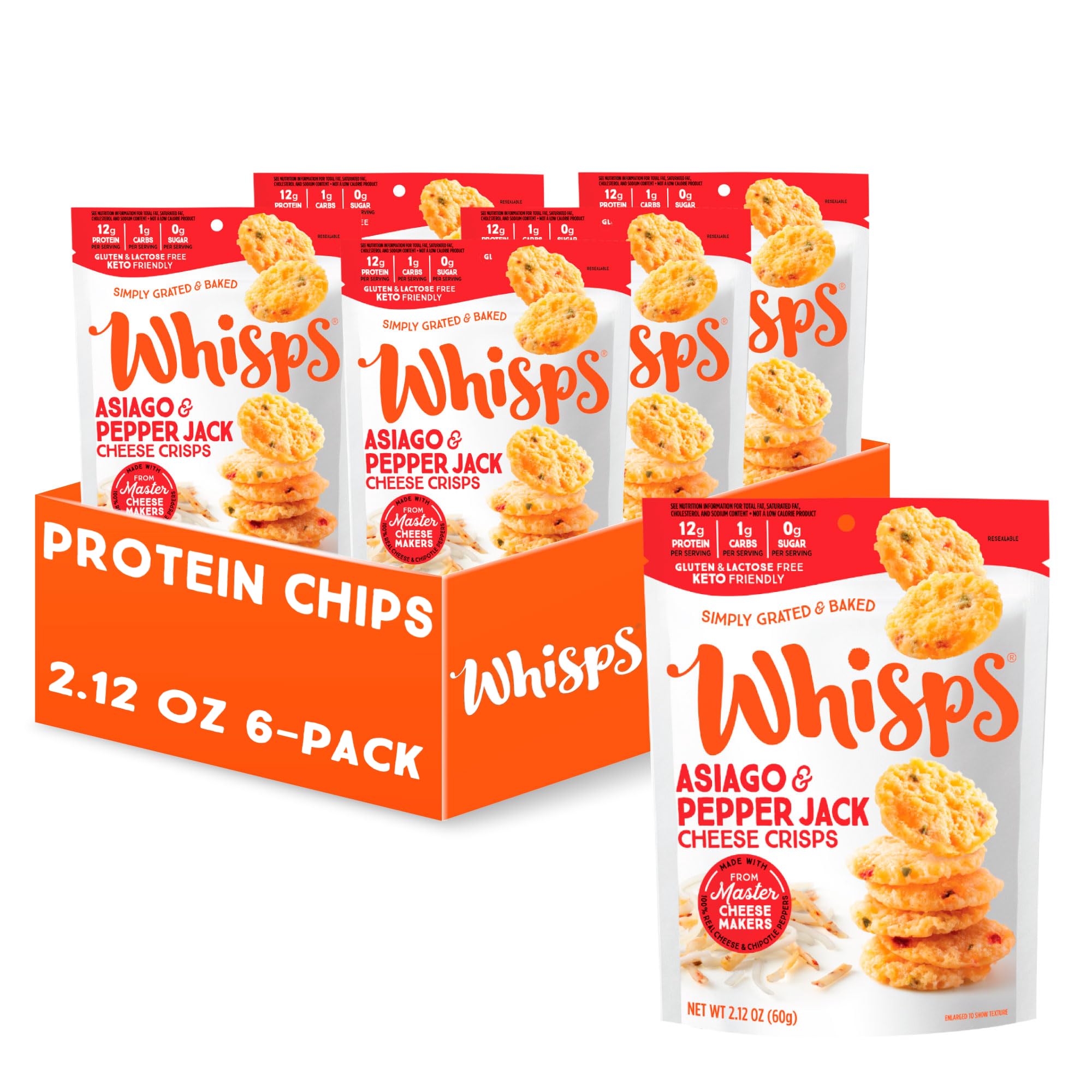 Whisps Cheese Crisps Asiago & Pepper Jack - High Protein, Low Carb Keto Snacks | Gluten Free, Healthy Protein Chips for Weight Loss & Fitness | Perfect for On-the-Go, Office, School & Keto Diet (2.12 Oz, 6 Pack)