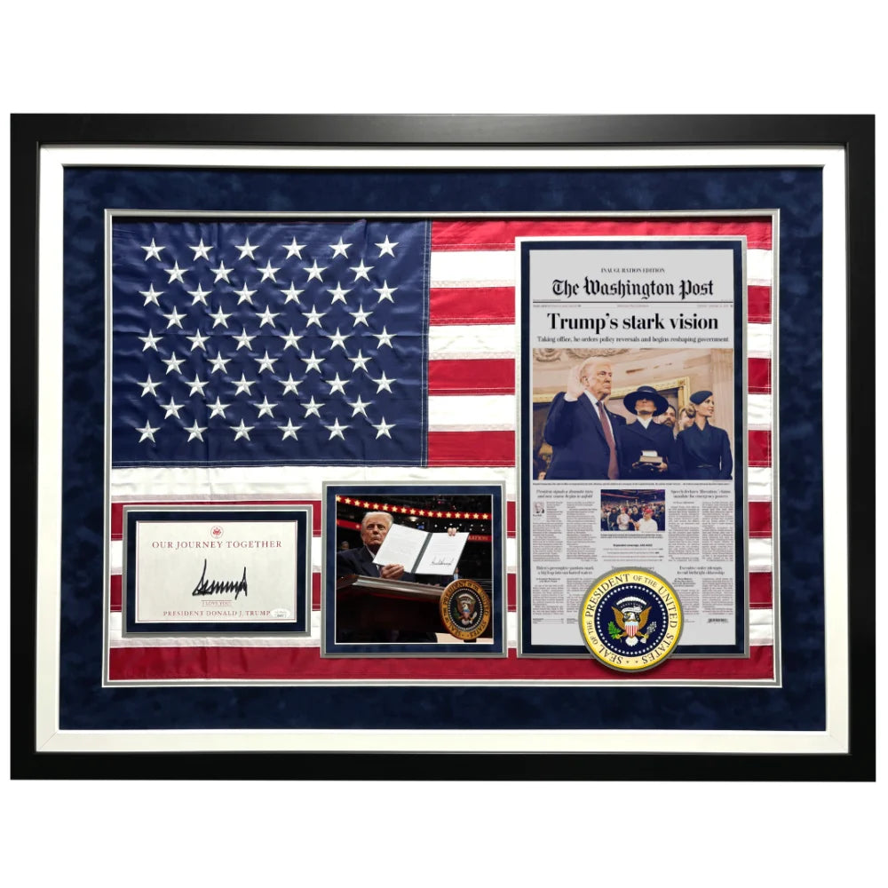 Donald Trump Autographed 2025 Inauguration USA Flag Framed with Washington Post Newspaper & JSA COA - Collectible Political Memorabilia for Home Office Decor & Conservative Gifts